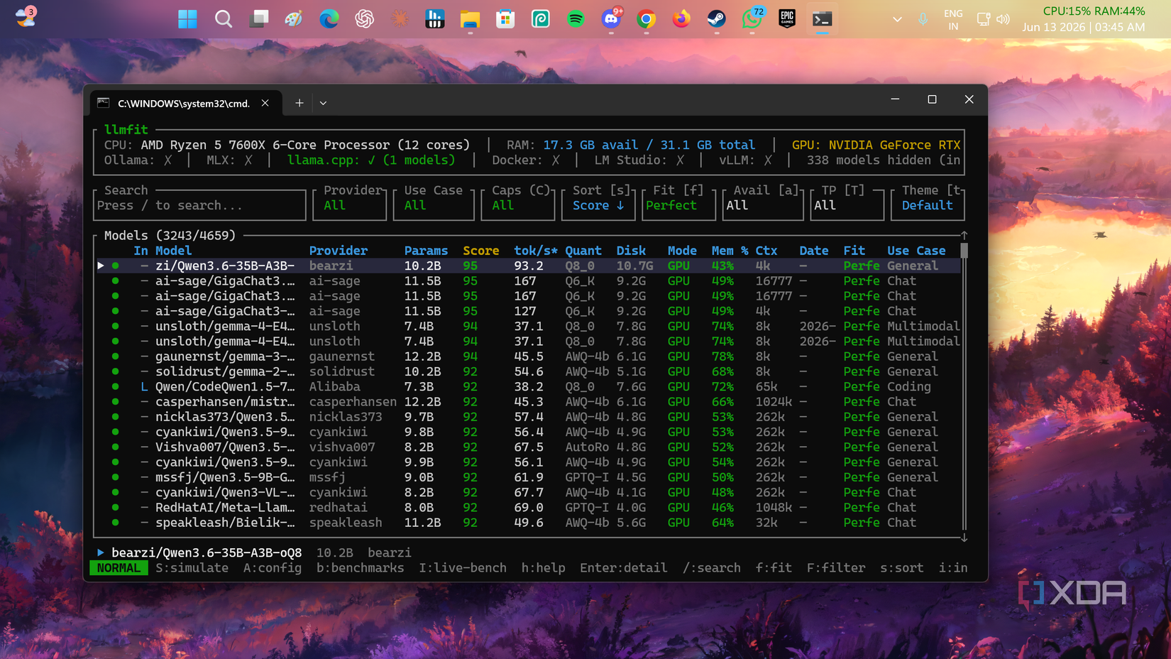 A screenshot of LLMFit running in terminal on a Windows PC