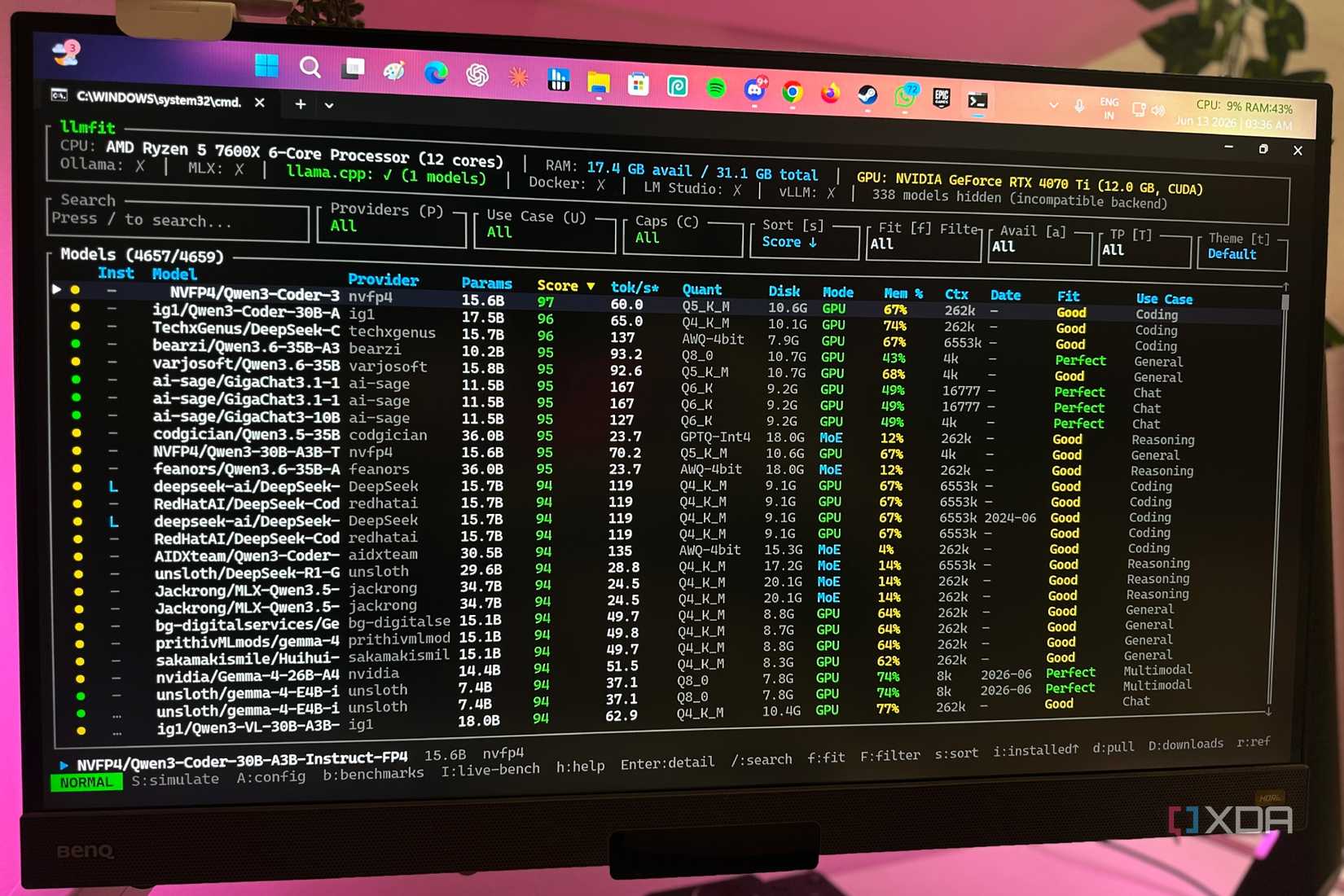 LLMfit running on a gaming PC in CMD.