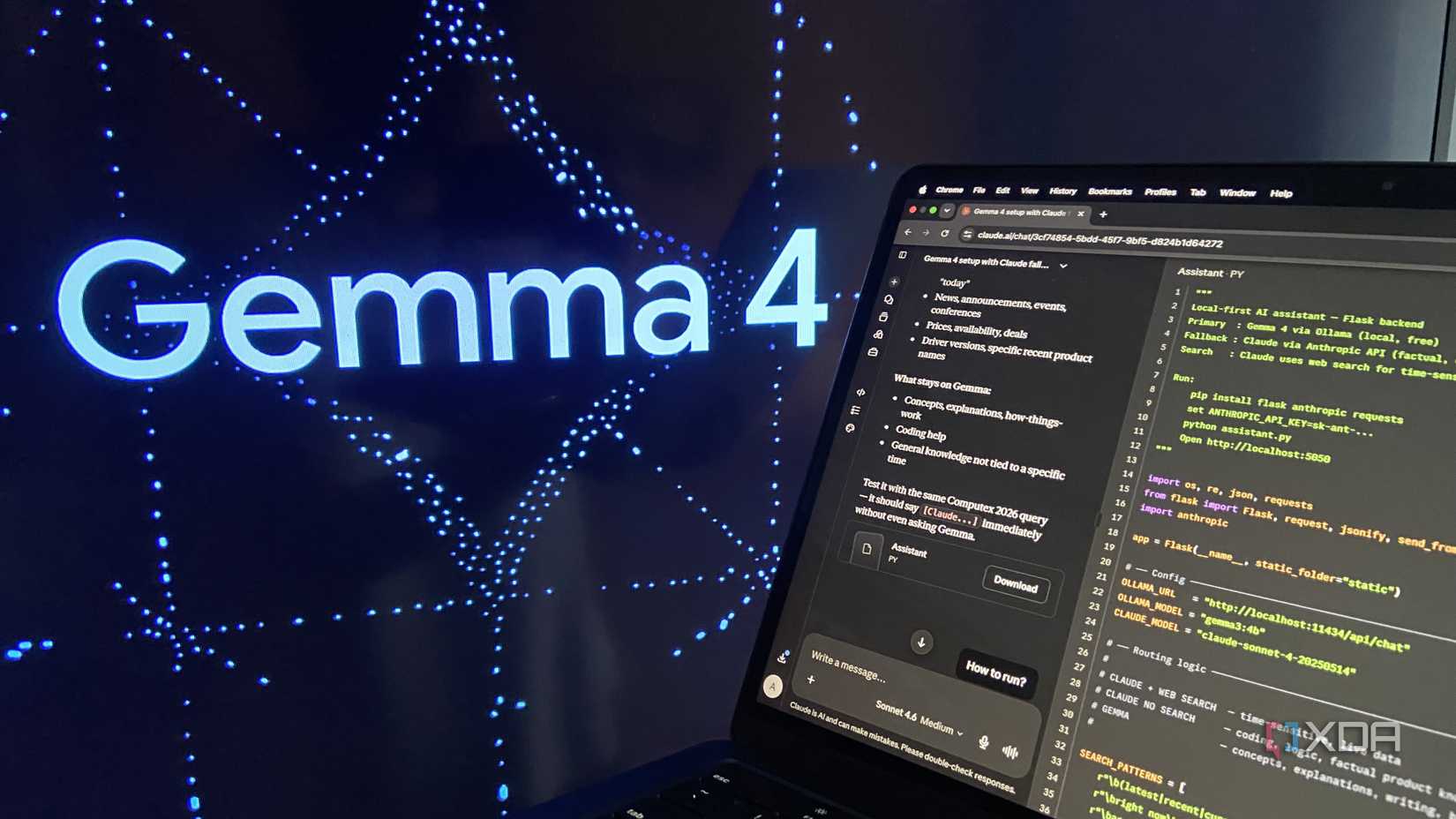 Сравнение систем Claude и Gemma 4 Claude на Mac с Gemma 4 на большом дисплее в фоновом режиме