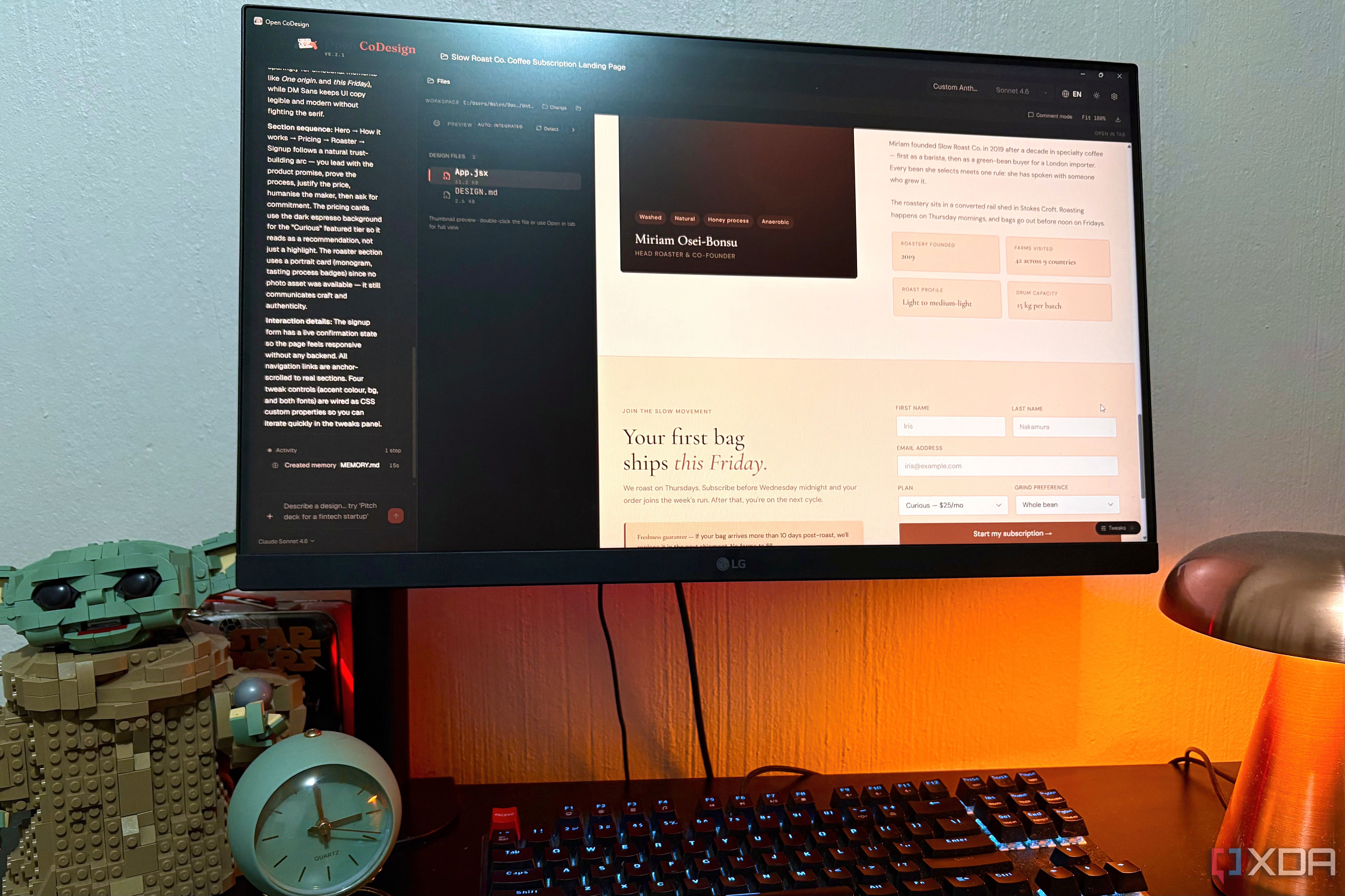 open codesign on desktop, lego and lamp in view