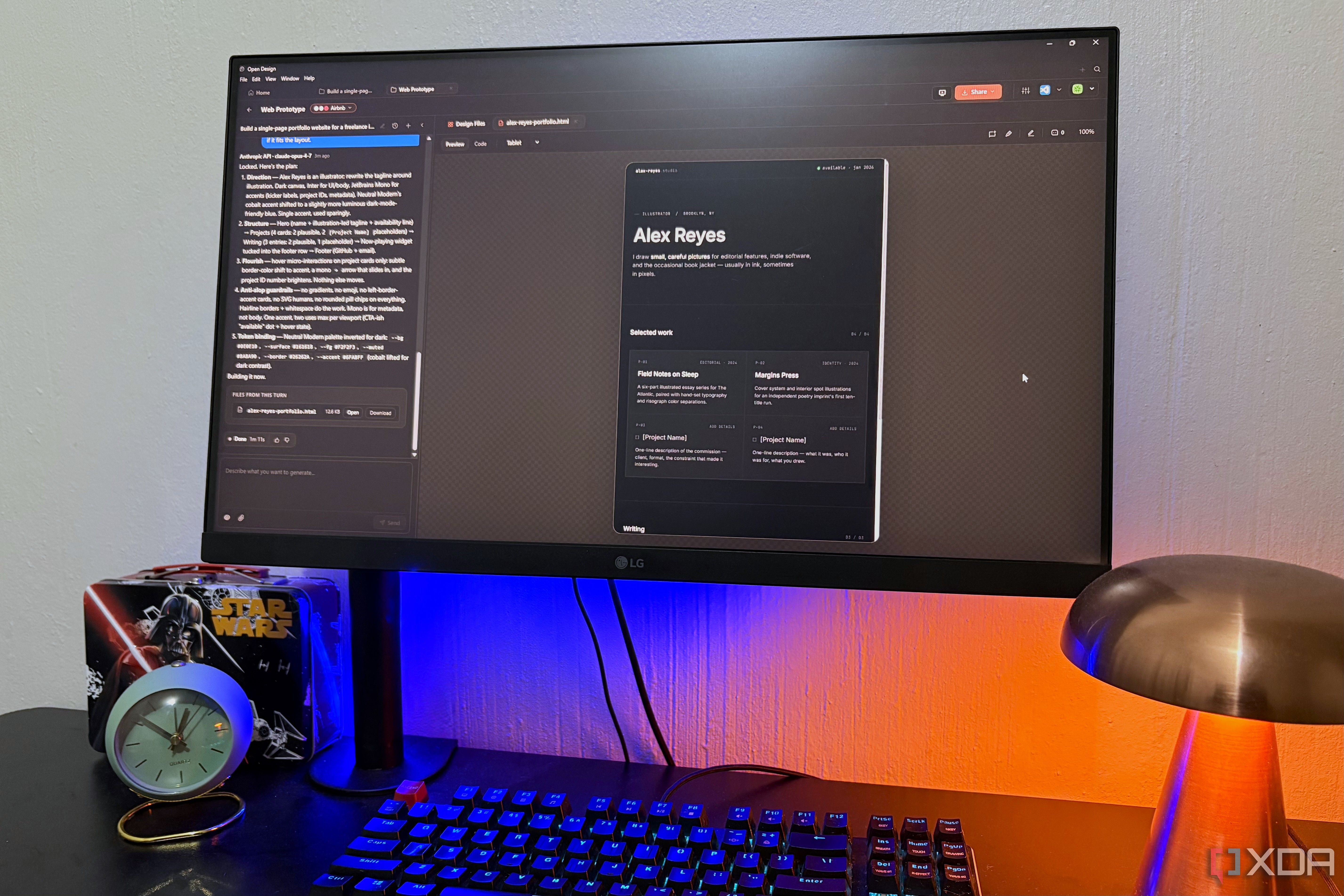 open design on desktop pc, lamp and clock in view