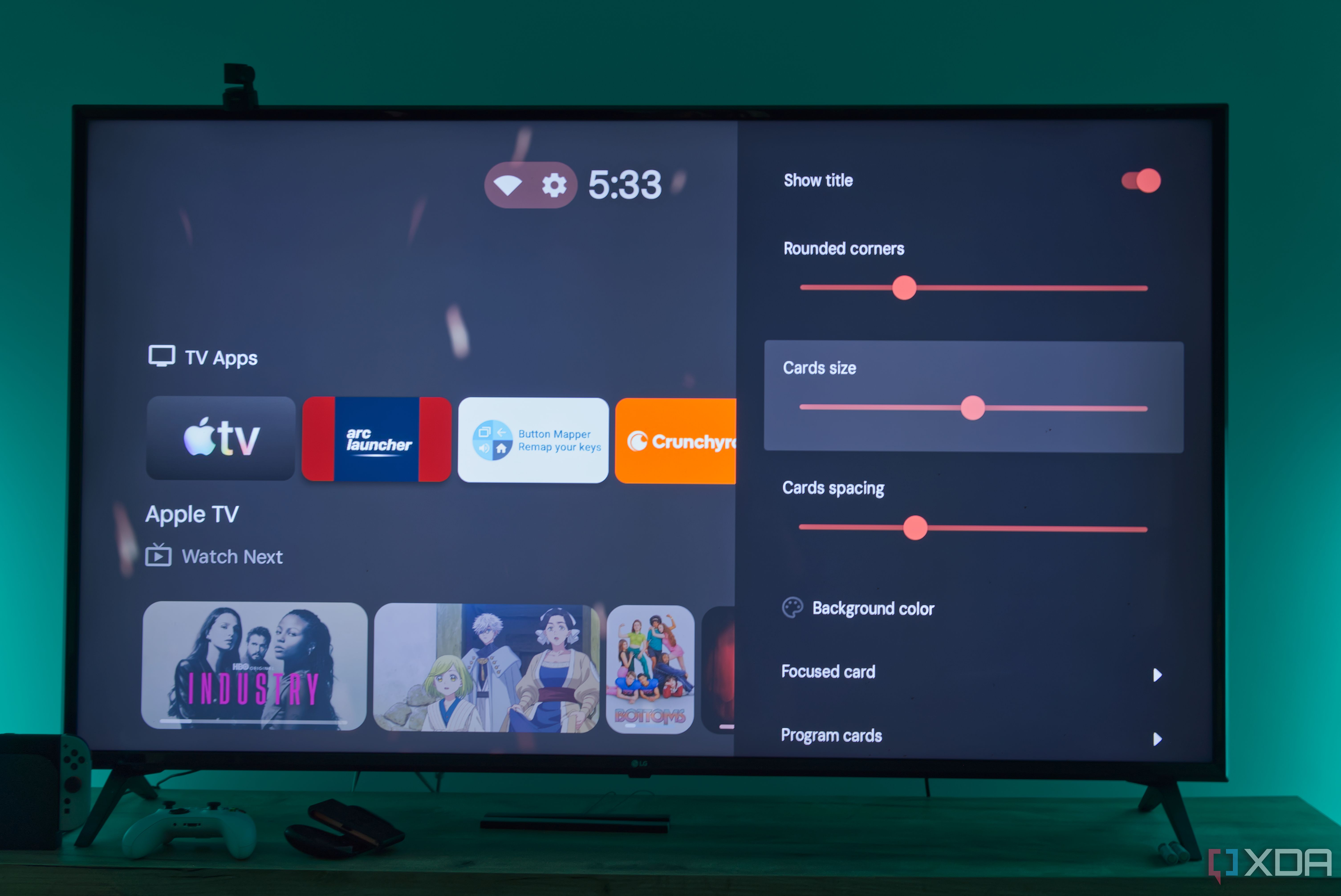 A TV displaying card customization settings in Projectivy launcher for Android TV