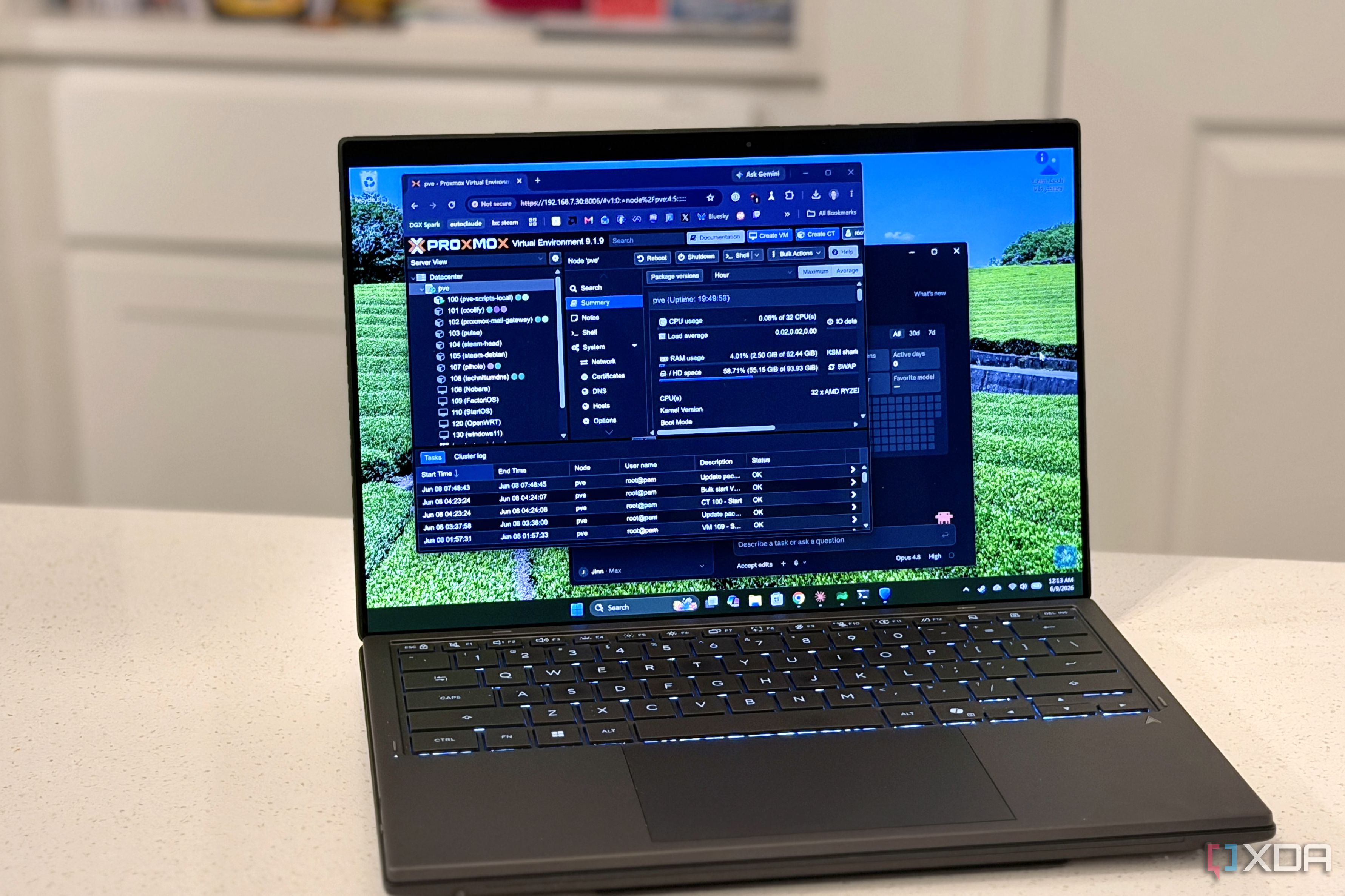 proxmox and claude windows open on a laptop screen