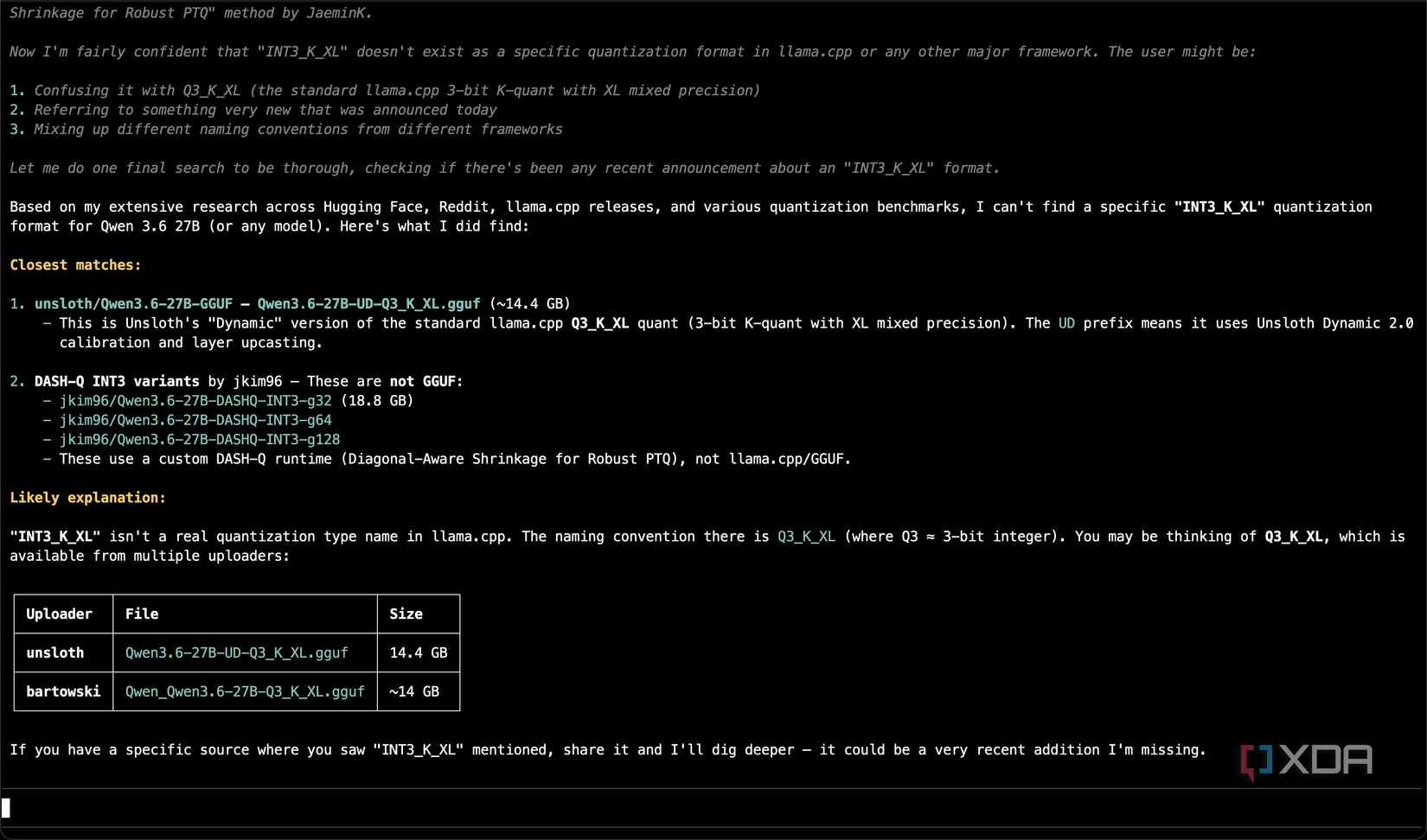 Asking Qwen 3.6 27B about a non-existent INT3_K_XL model