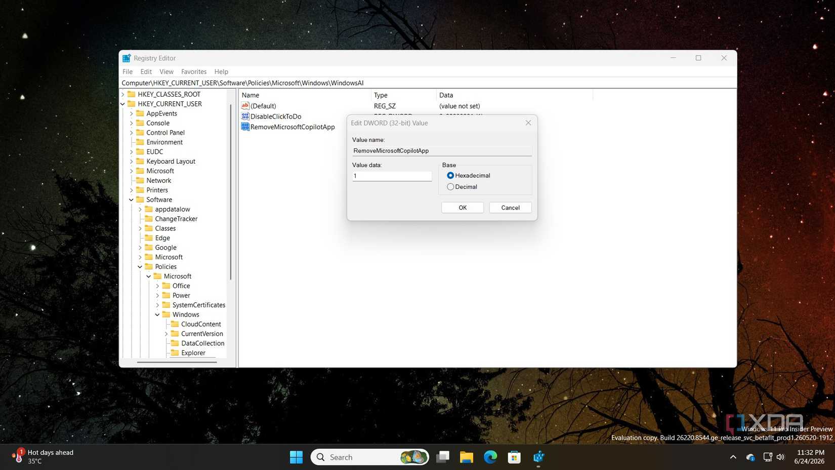 screenshot of remove copilot using windows registry