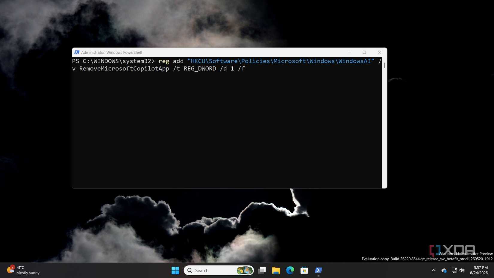 screenshot of removing copilot via registry modification powershell
