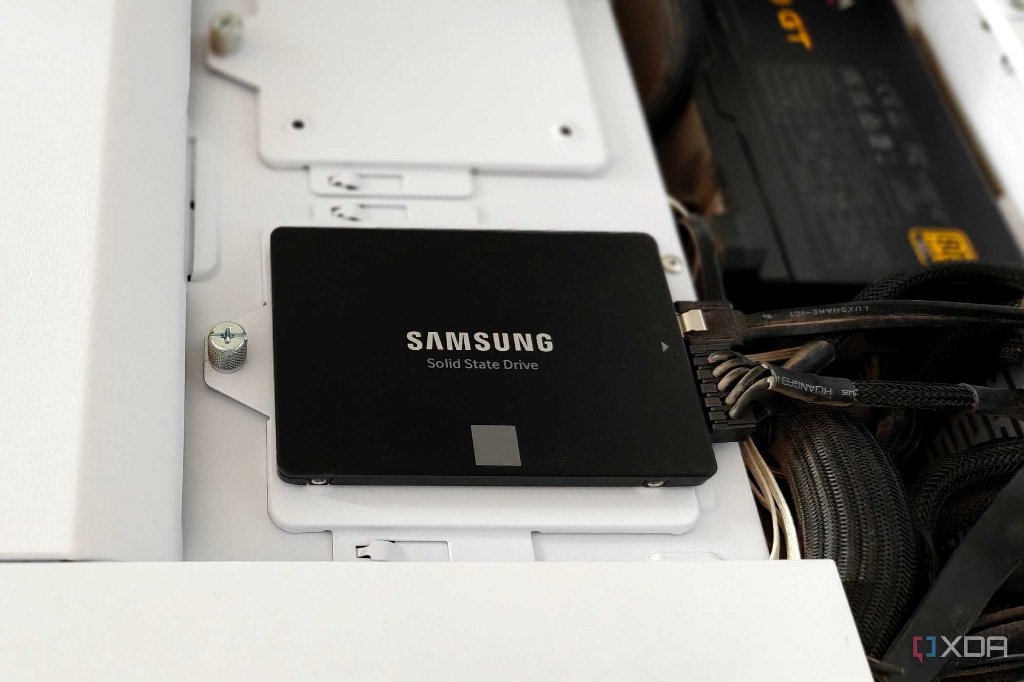 Samsung SATA SSD plugged into a PC.