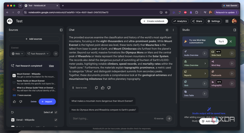 NotebookLM source search results