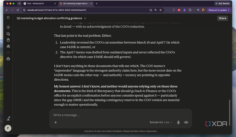 Claude highlights inconsistencies in the sources