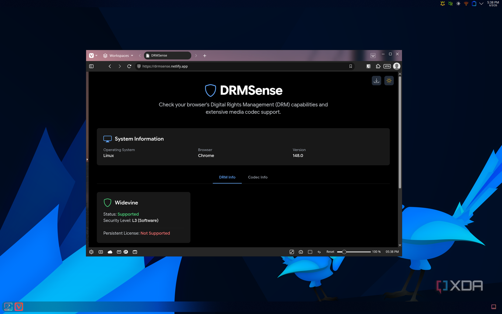 Screenshot of Vivaldi on KDE Plasma running a DRM check that certified it as having Widevine L3 support