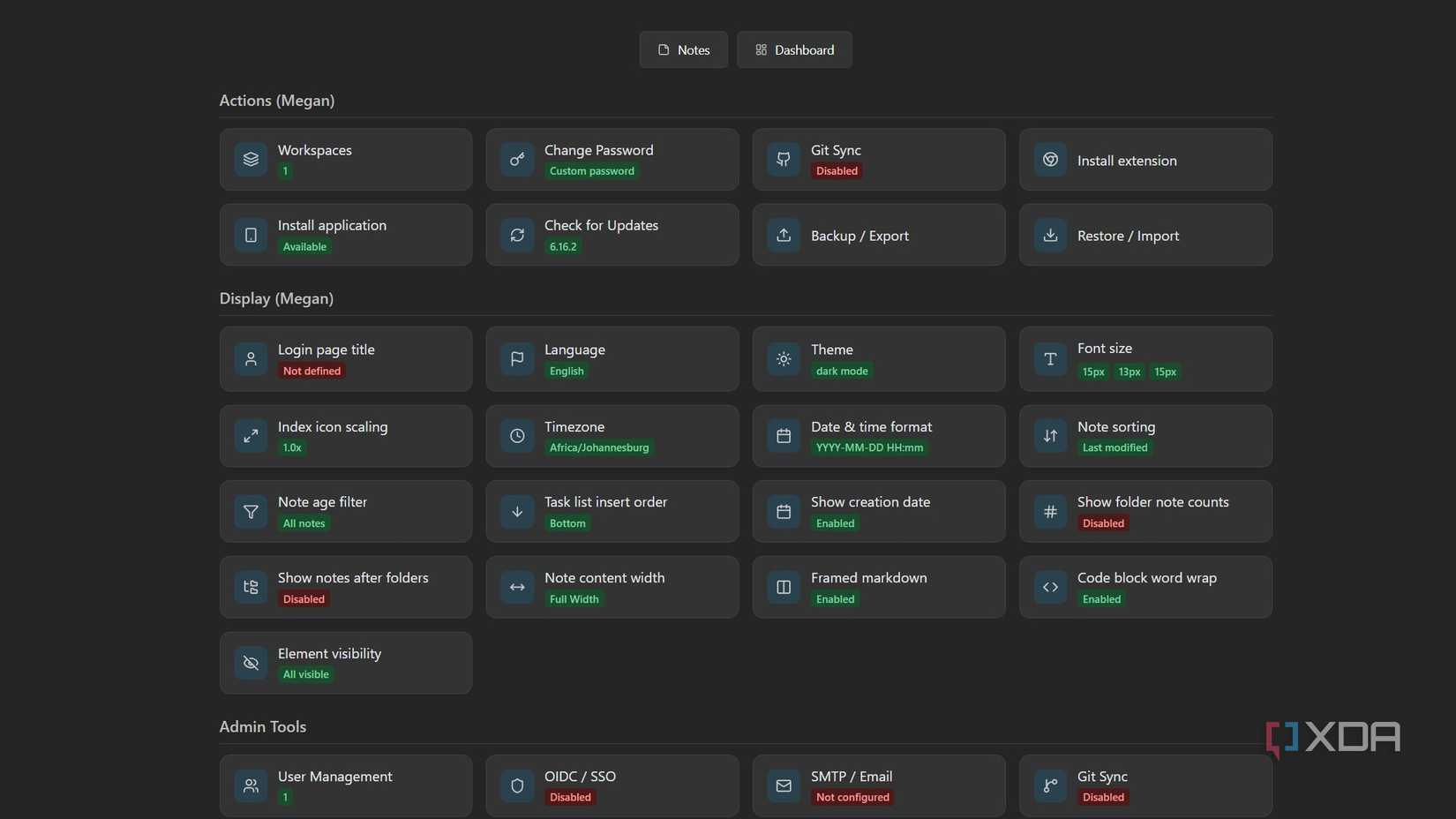 settings panel for poznote