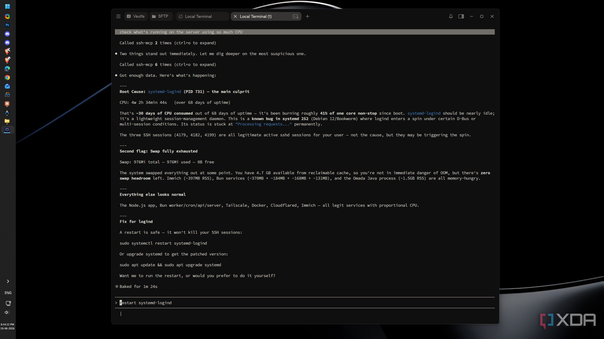 SSH MCP server diagnosing a systemd-logind process consuming 41% CPU