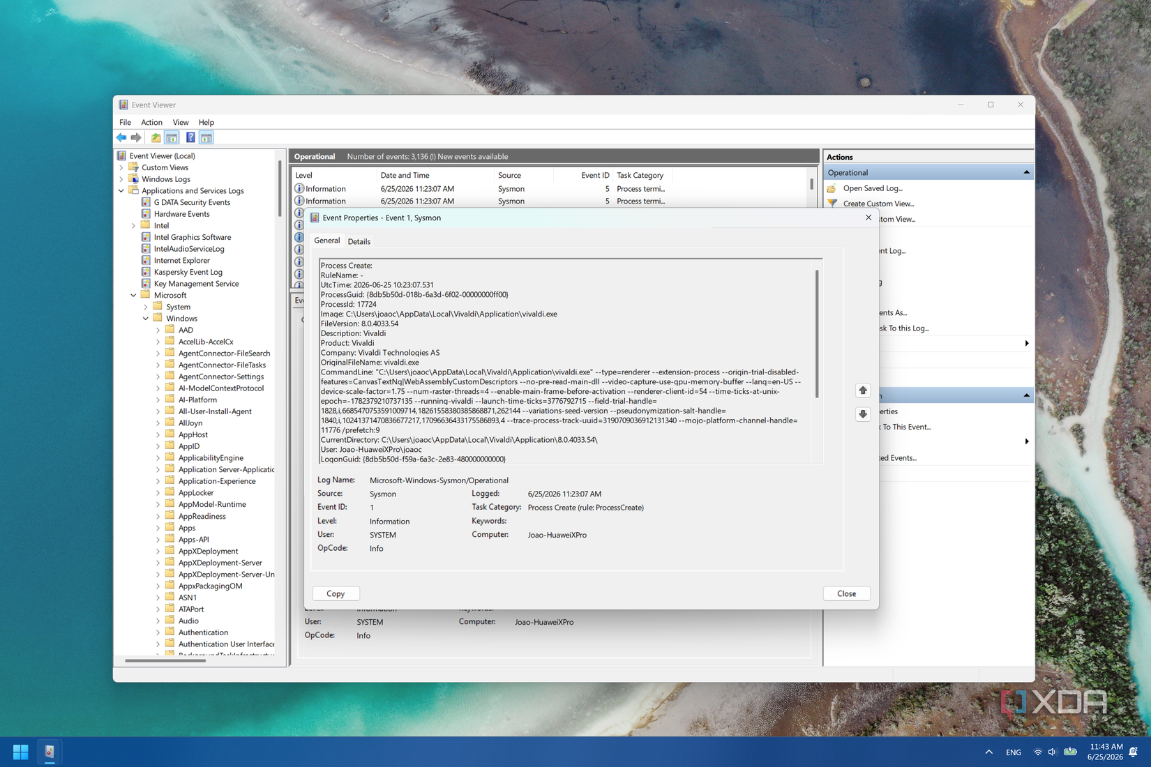 Screenshot of an event log created by SysMon
