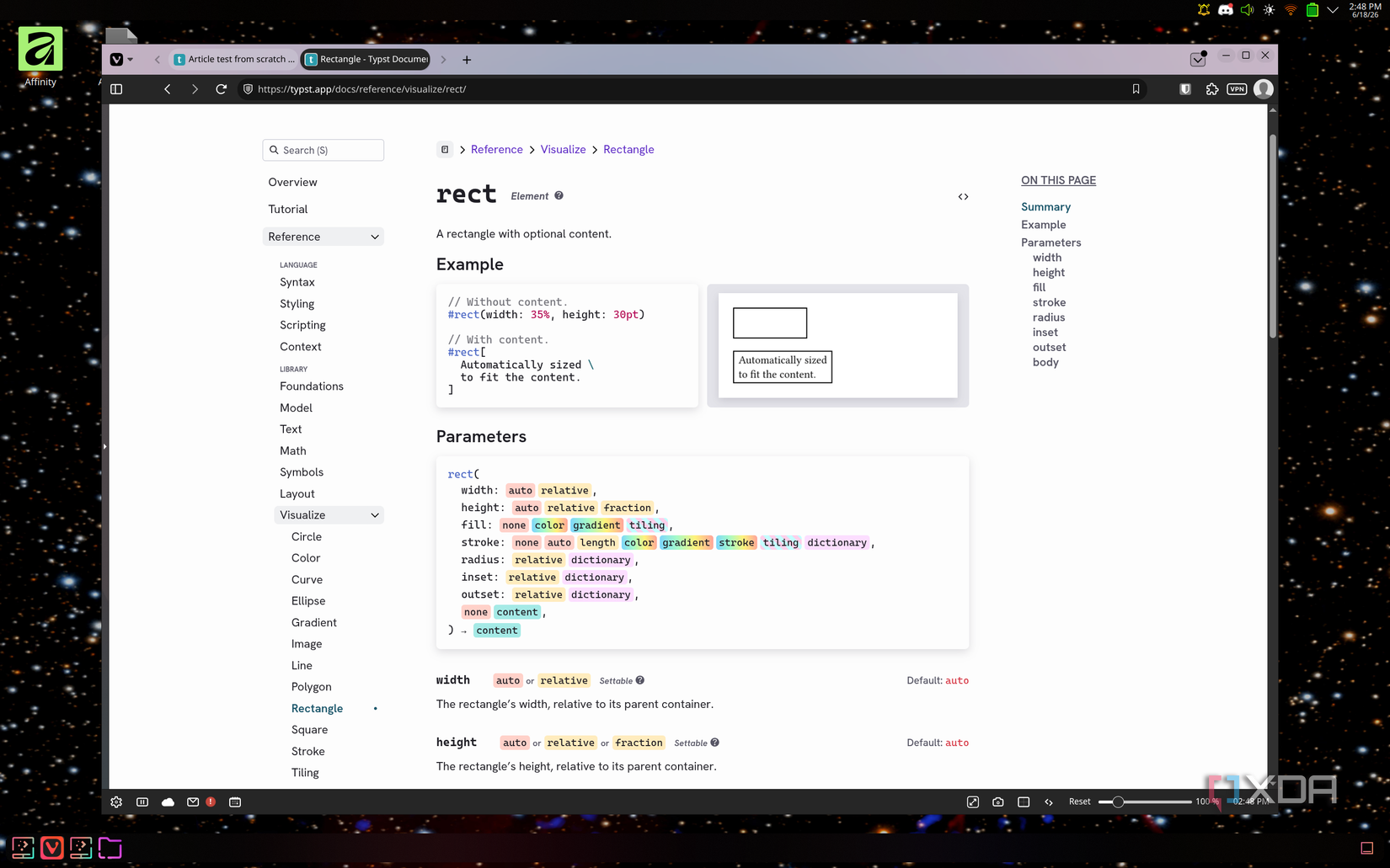 Screenshot of a Typst guide explaining how to create a rectangle