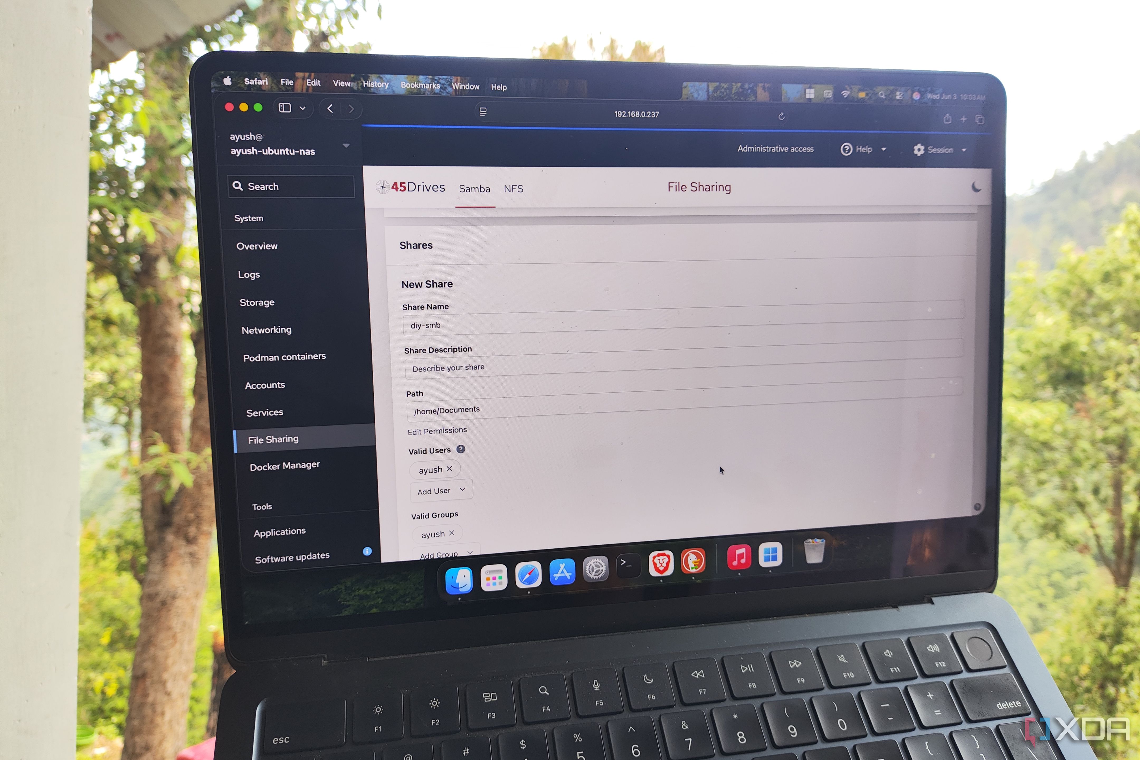 Accessing the file sharing tab within Cockpit