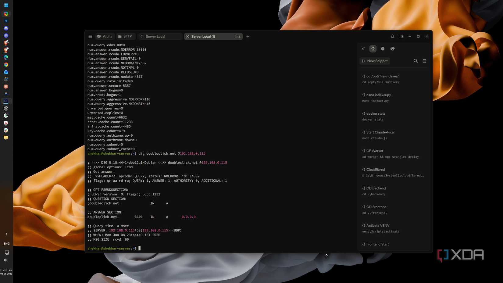 Unbound blocklist returning 0.0.0.0 for doubleclick.net, confirming ad blocking is active via Steven Black's hosts list