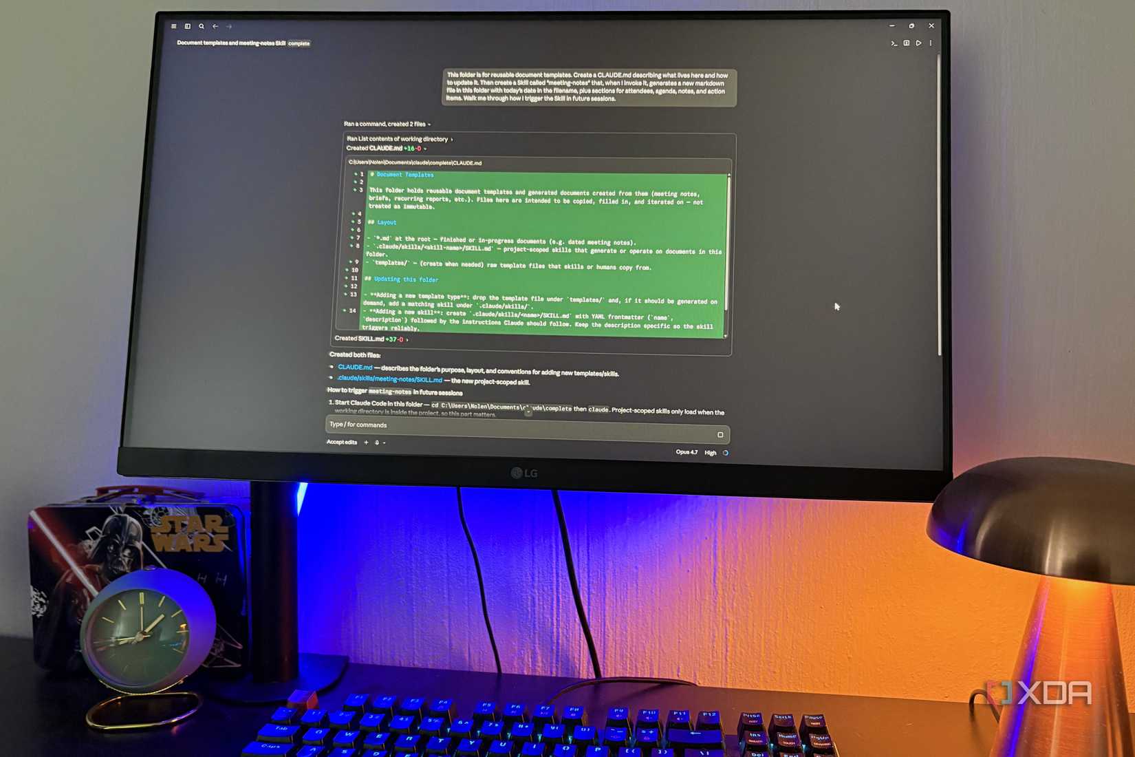 using claude code on desktop pc, lamp in view