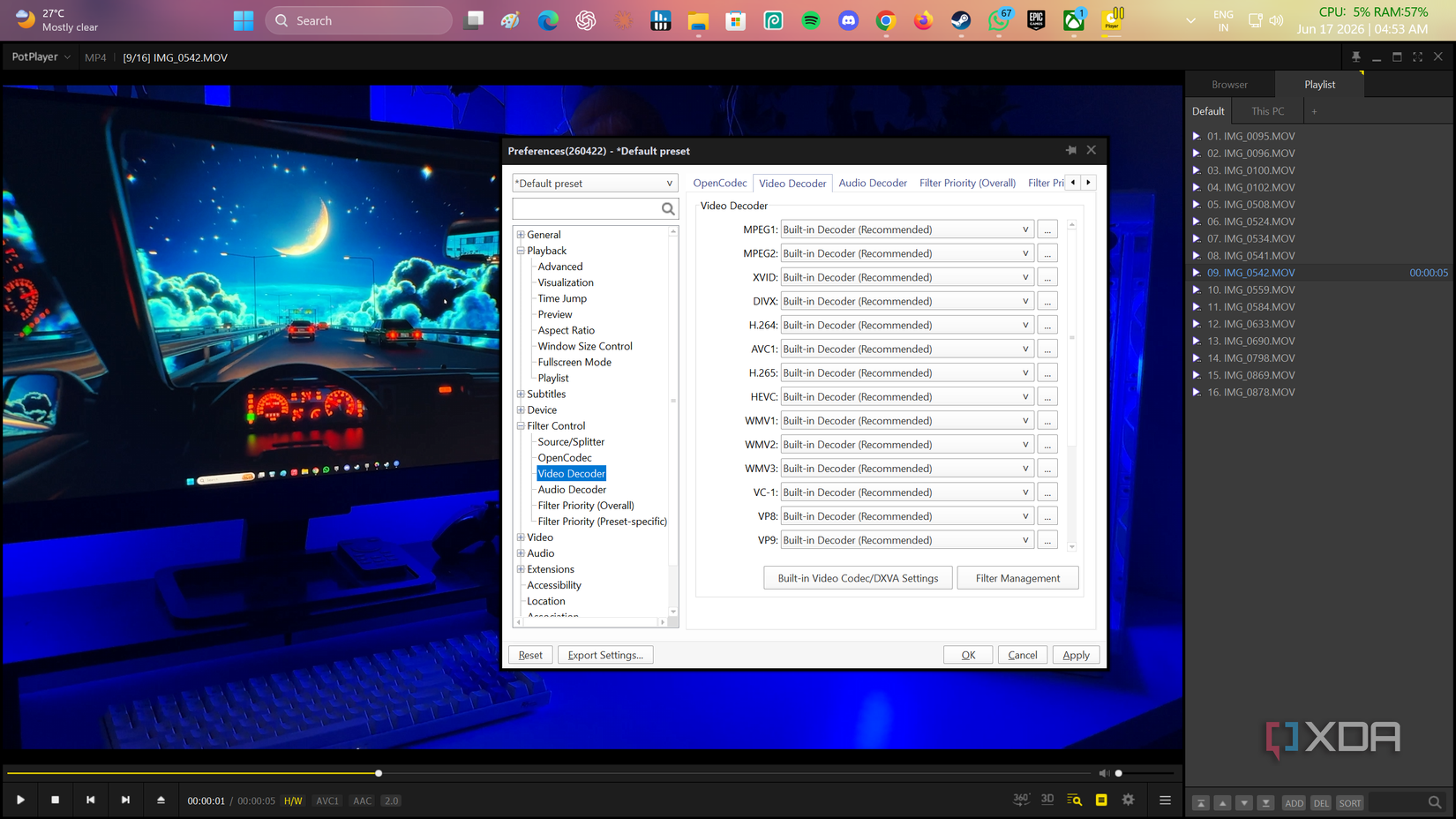 Setting up the video decoder in PotPlayer, Windows.