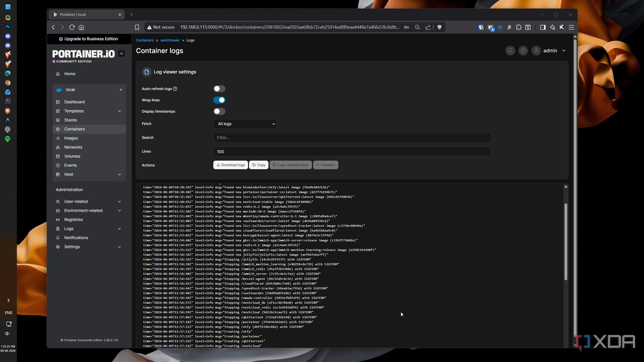 Watchtower logs showing new images found across running containers before update