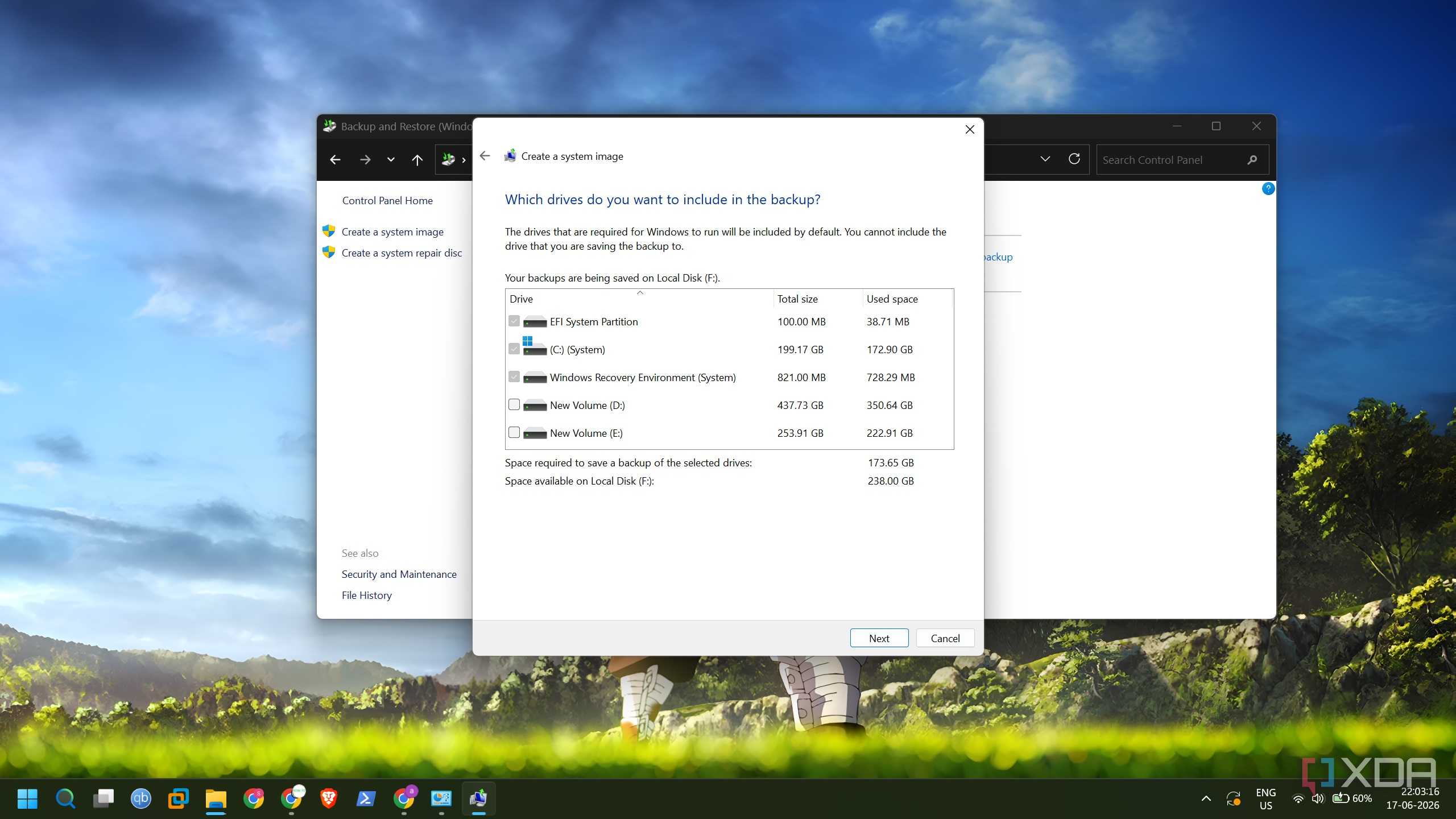 screenshot of windows backup and restore drive select