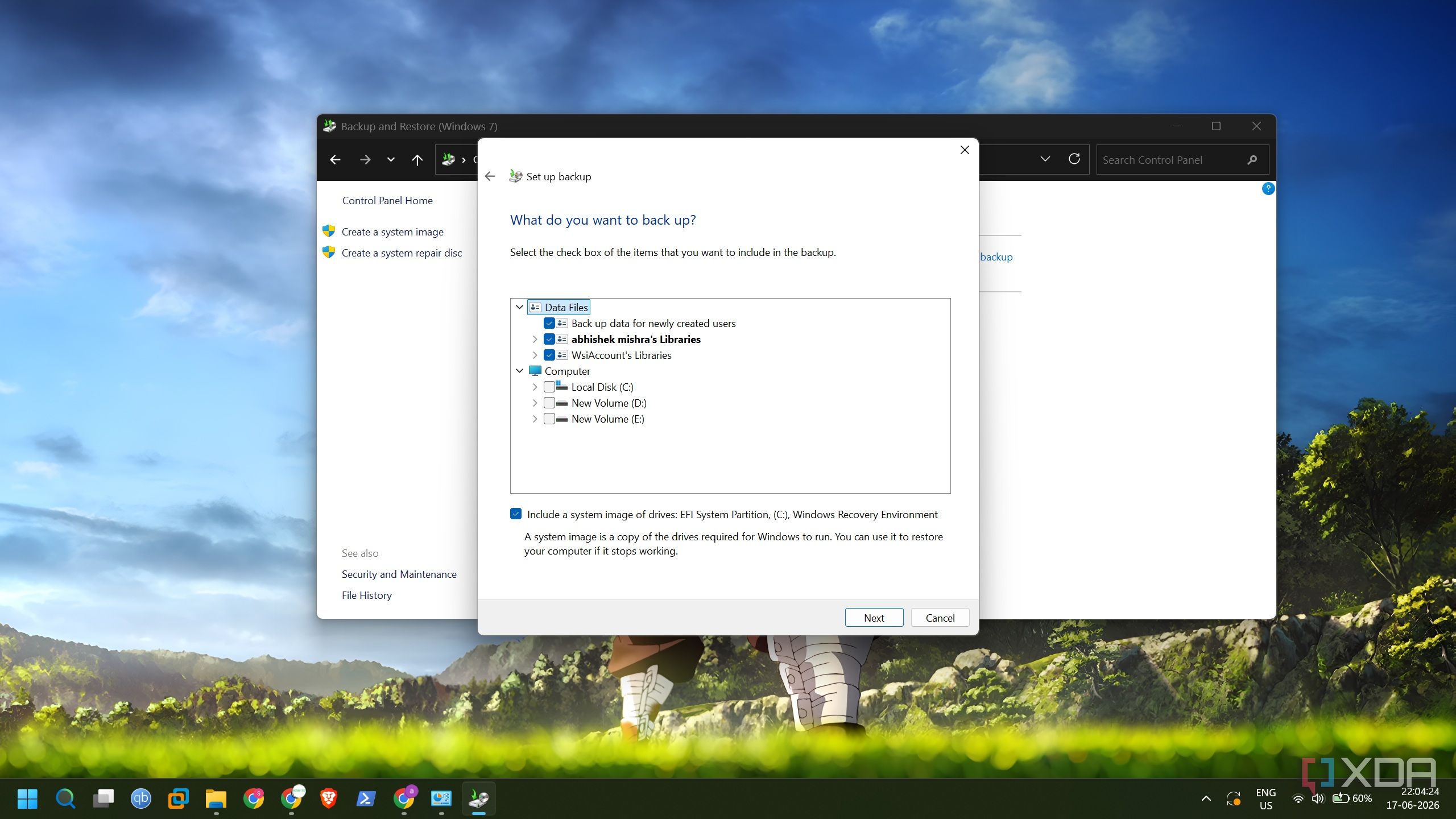 screenshot of windows backup and restore folders