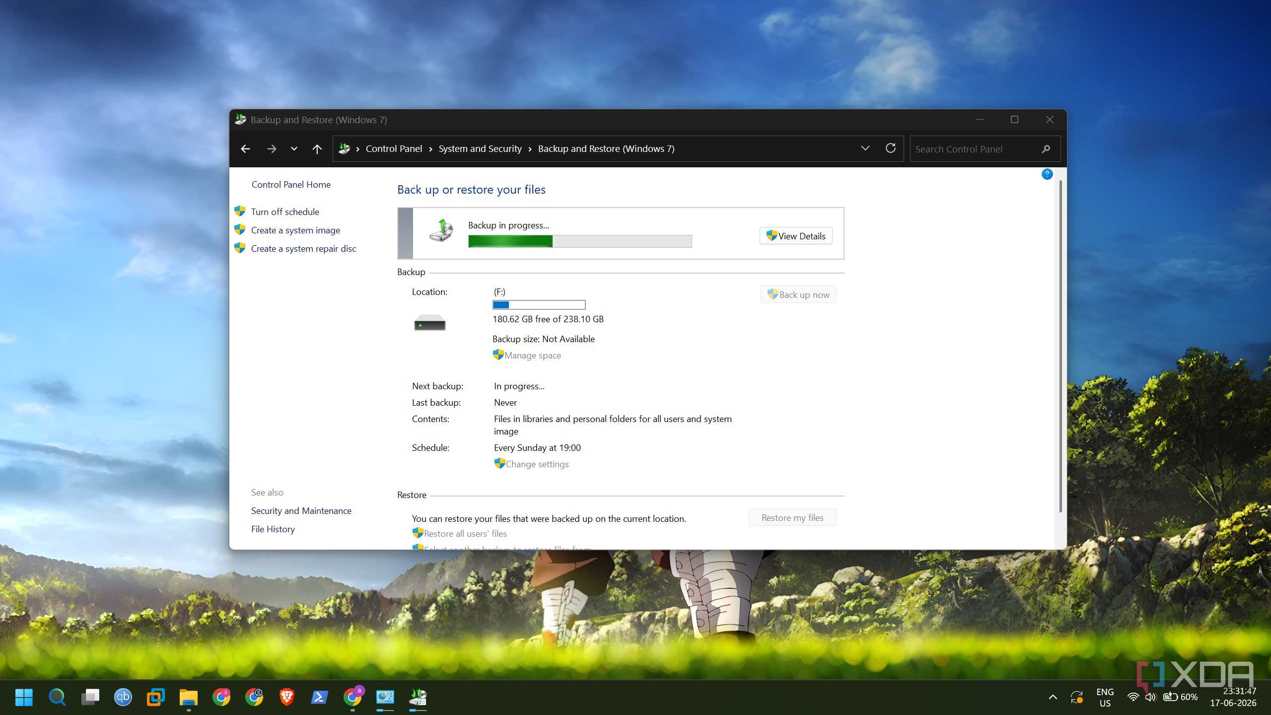 screenshot of windows backup and restore progress