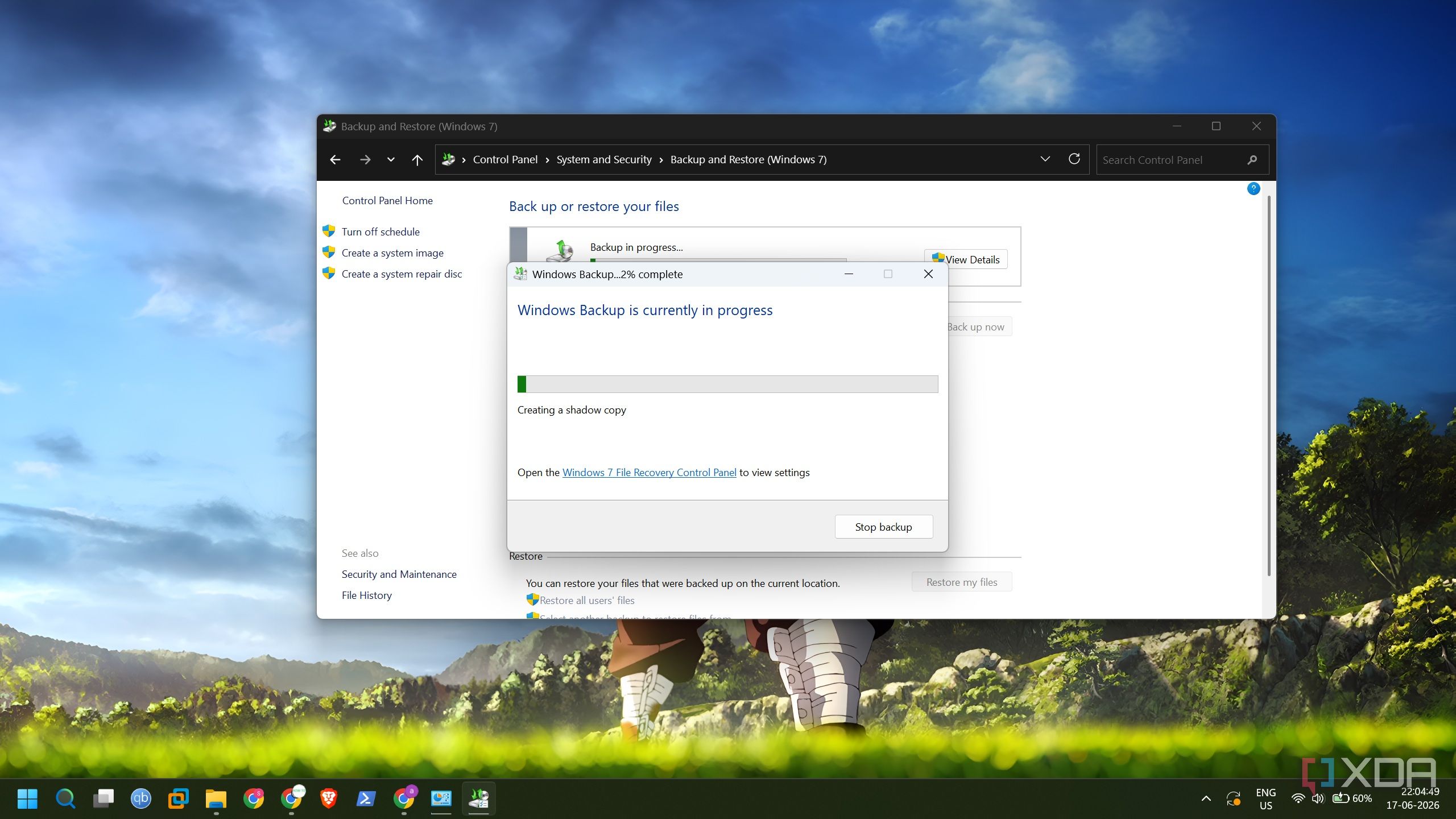 screenshot of windows backup and restore saving files to hdd
