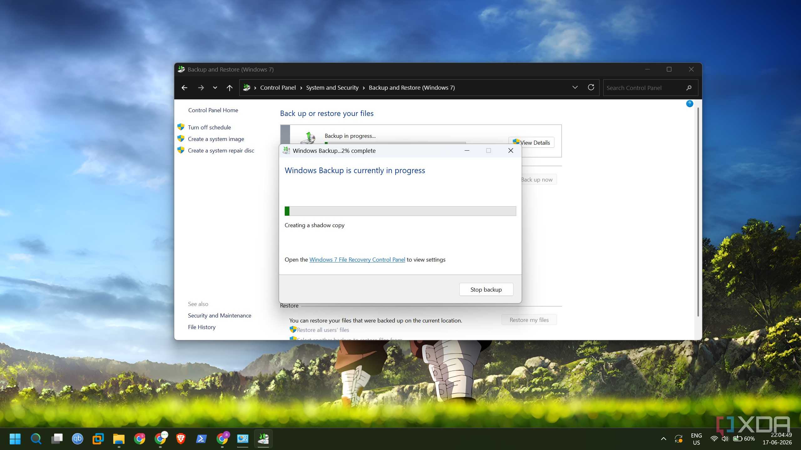 screenshot of windows backup and restore saving files to hdd