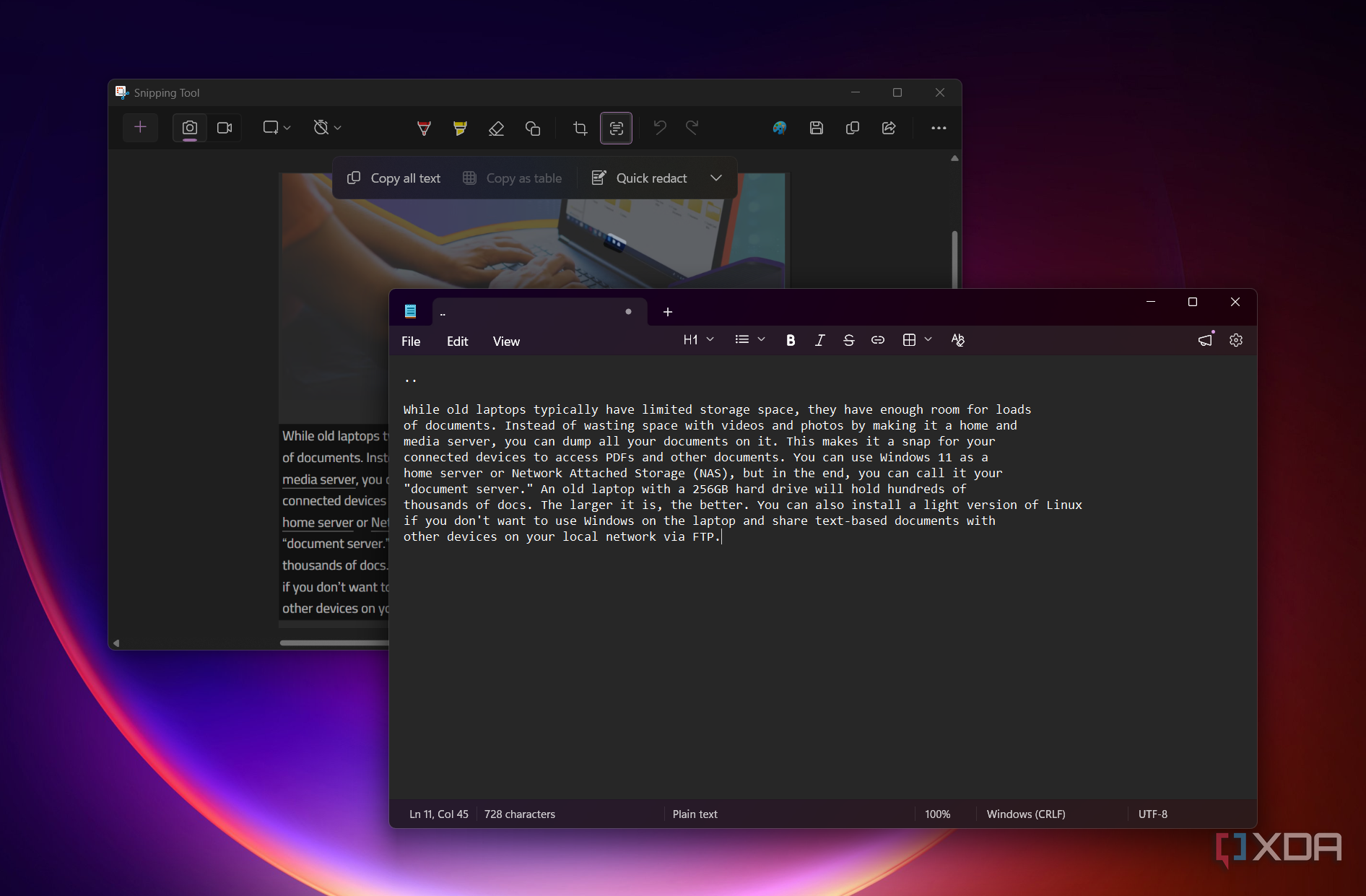 shows pasting OCR Text into Notepad from Snipping Tool