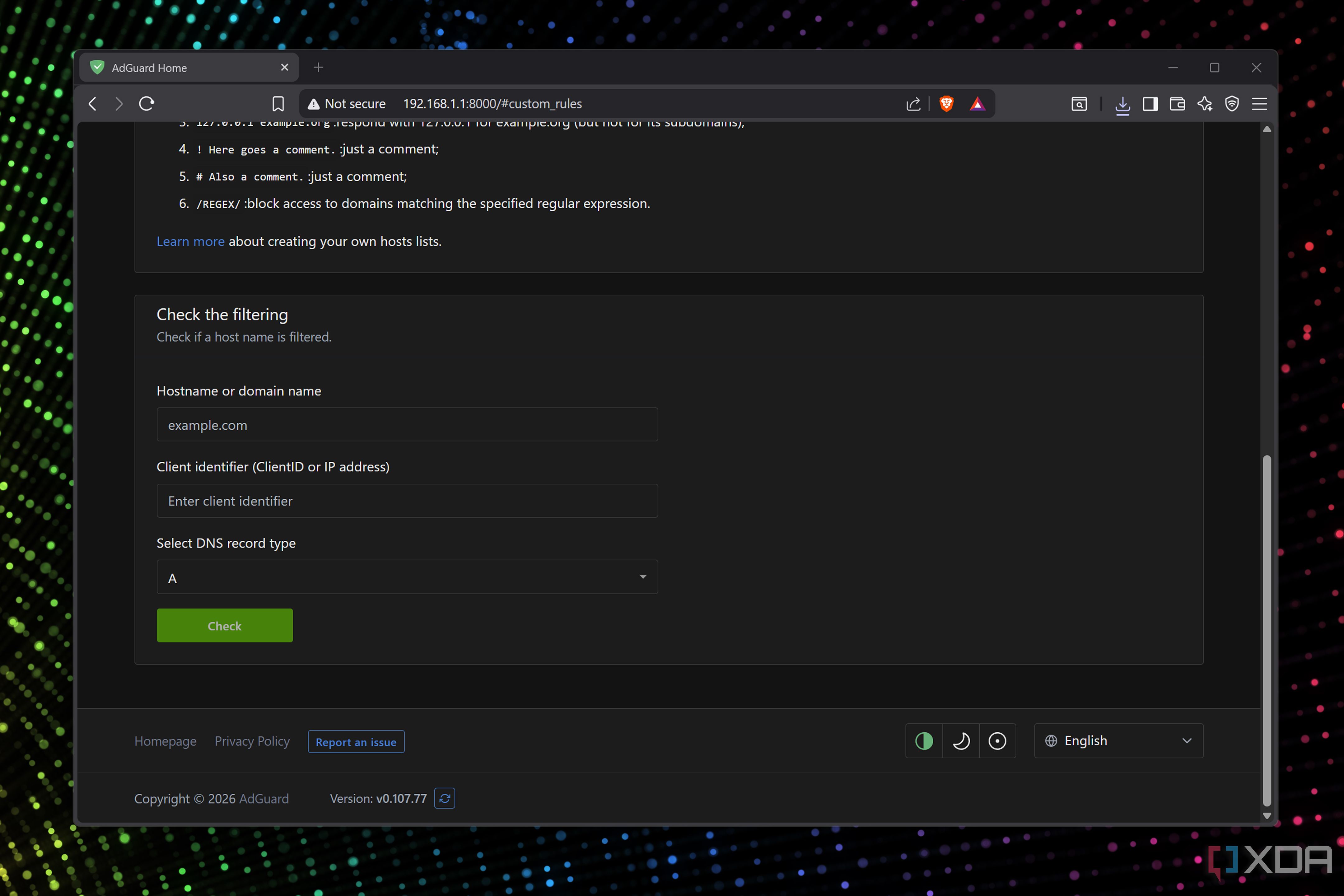 Checking the filtering rules on AdGuard