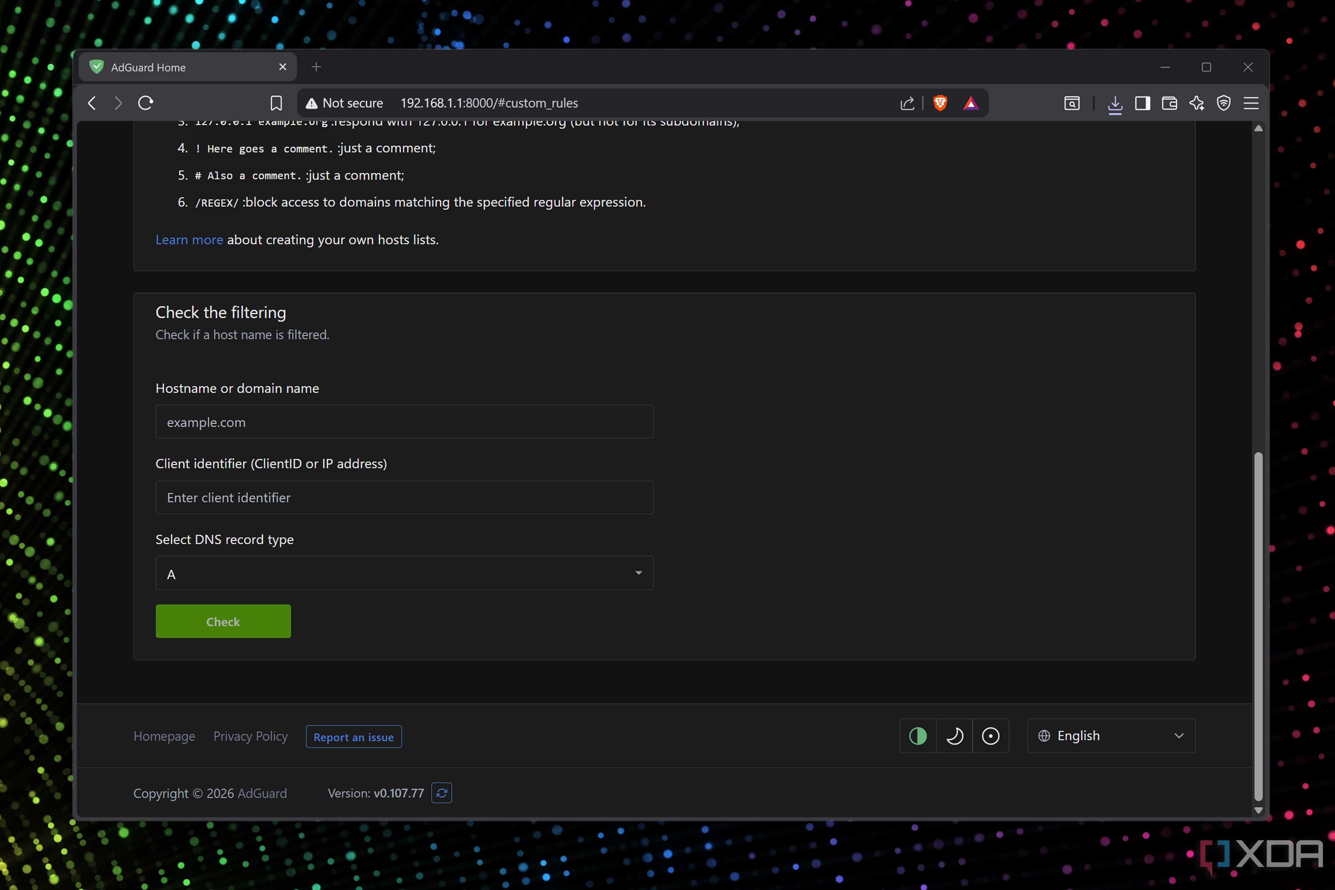 Checking the filtering rules on AdGuard