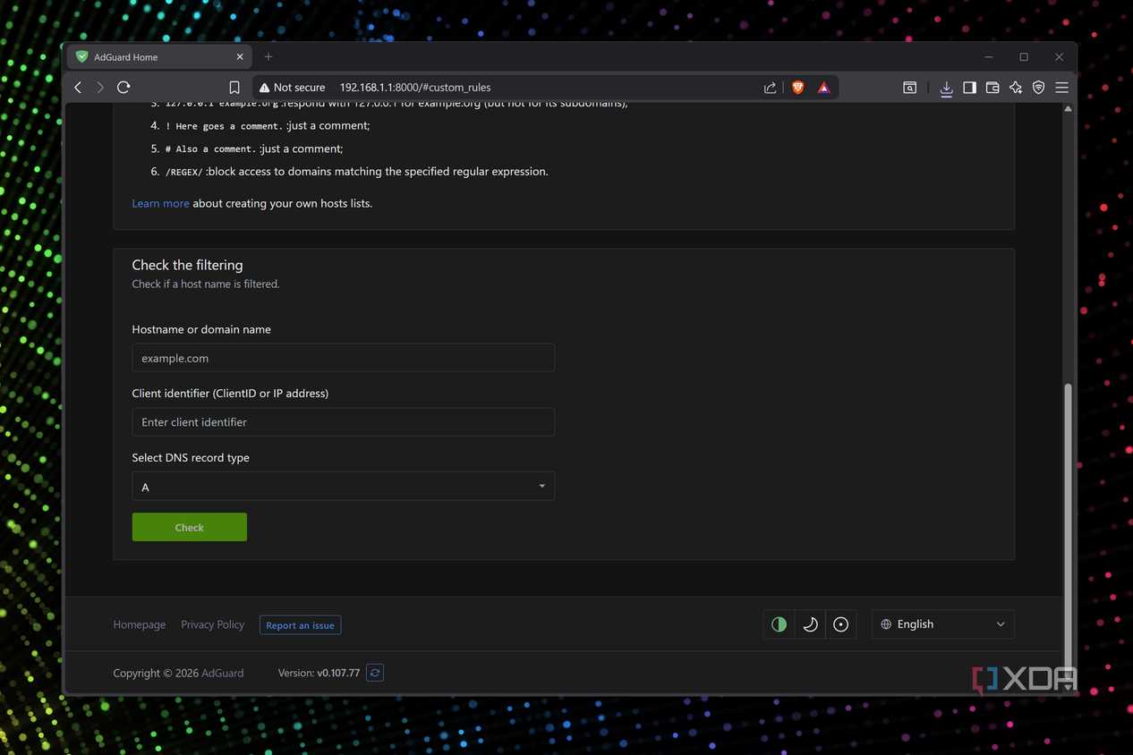 Checking the filtering rules on AdGuard
