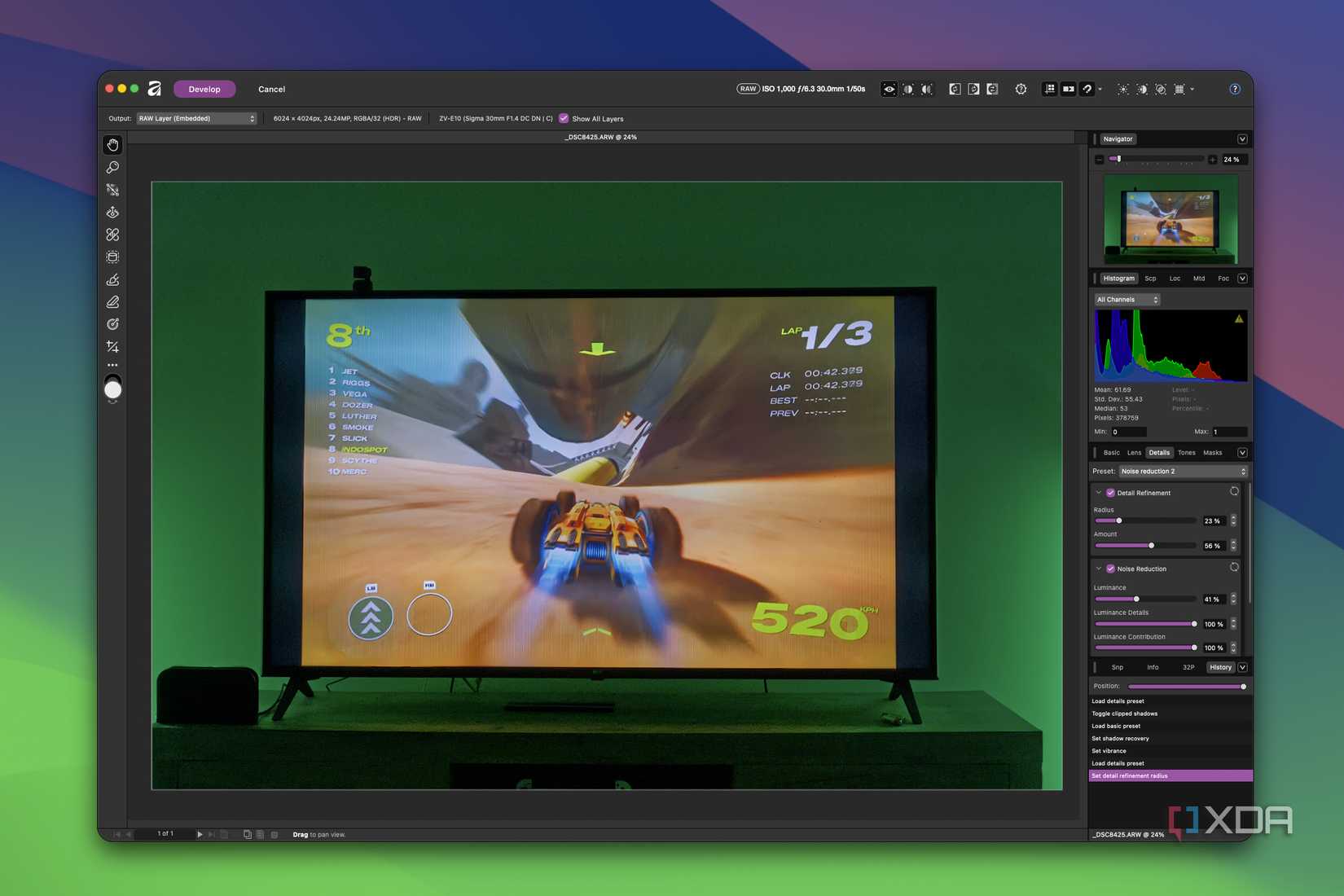 Screenshot of Affinity devloping a raw photo, showing the details pane with options for noise reduction