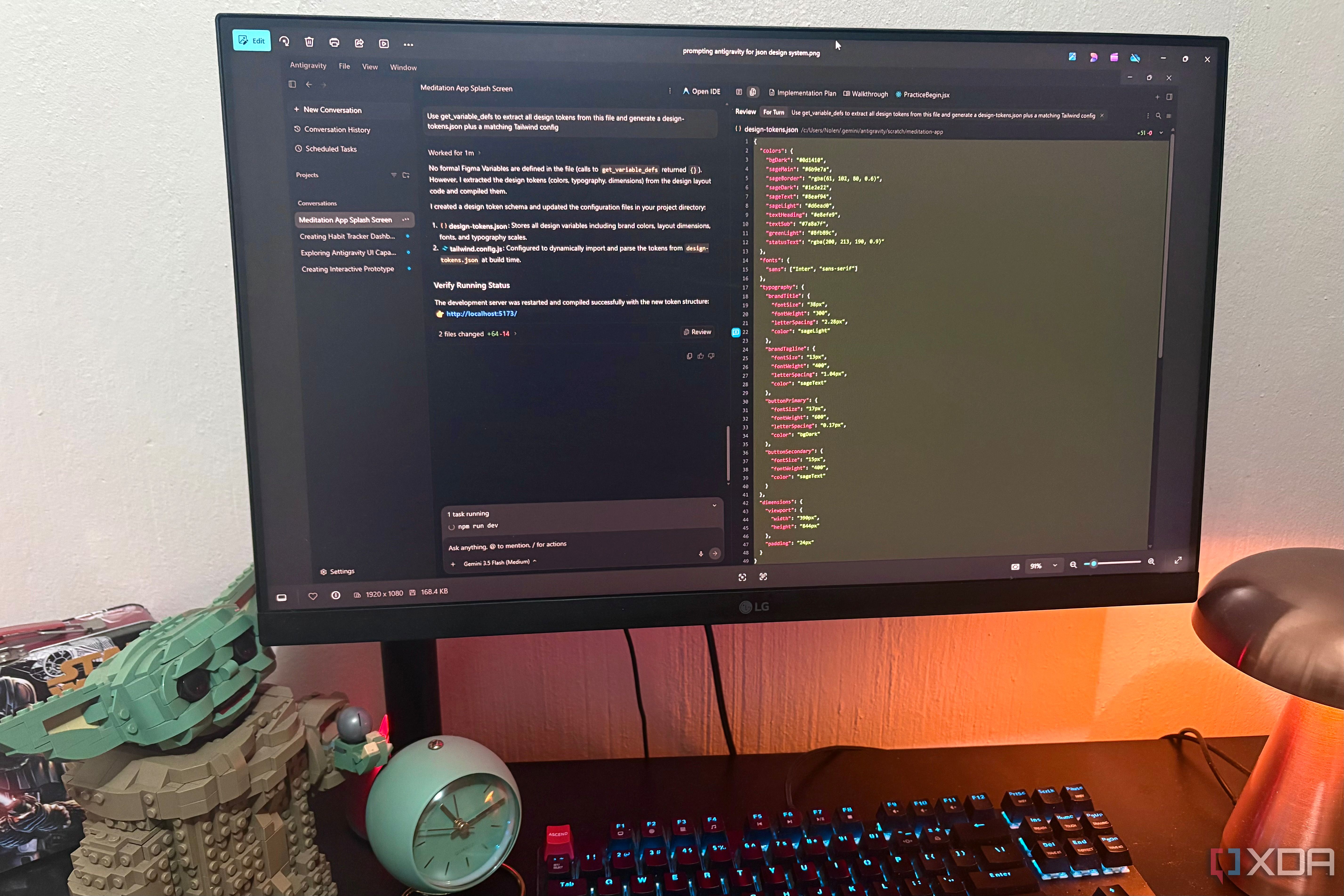 antigravity on desktop pc, lego and lamp in view