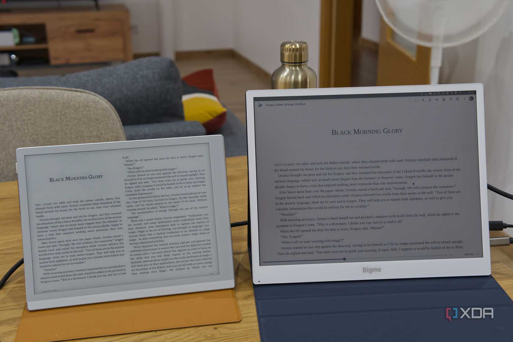 A Bigme B13 portable monitor next to a Boox Go 10.3 tablet displaying the same ebook. The Boox Go 10.3 has significantly better controst
