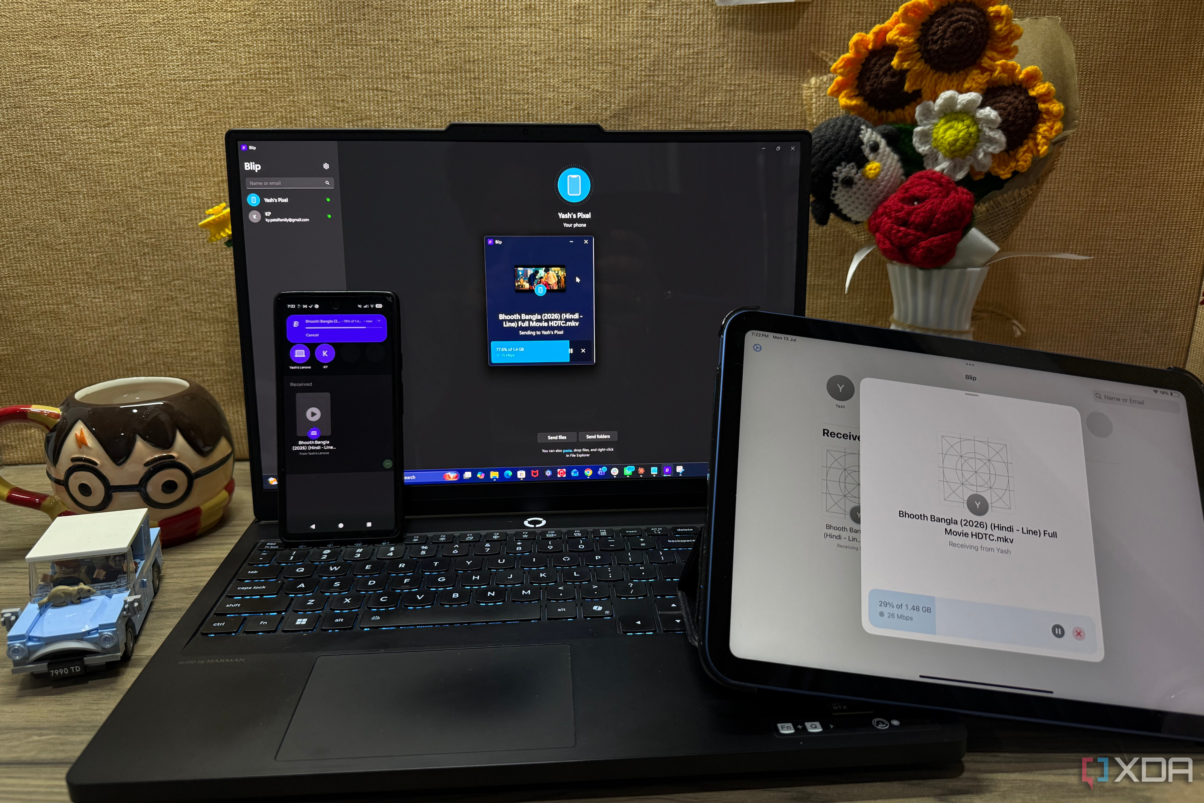 Blip app on Windows laptop, Android pixel, and iPad