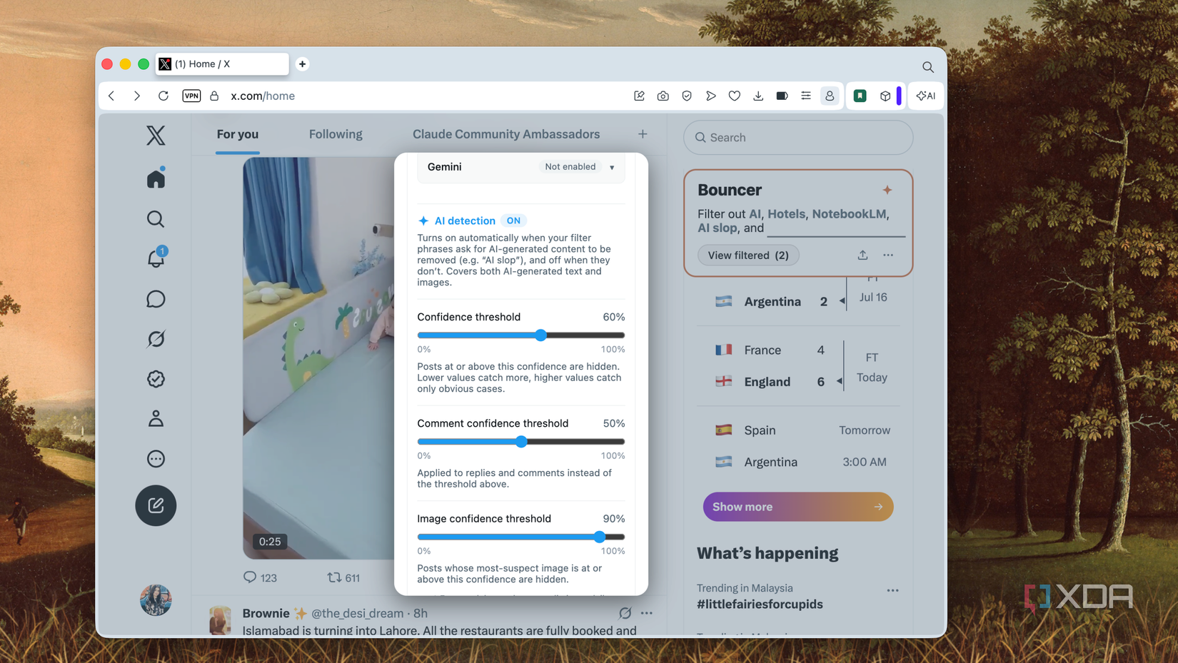 Bouncer's AI detection section with confidence, comment, and image threshold sliders