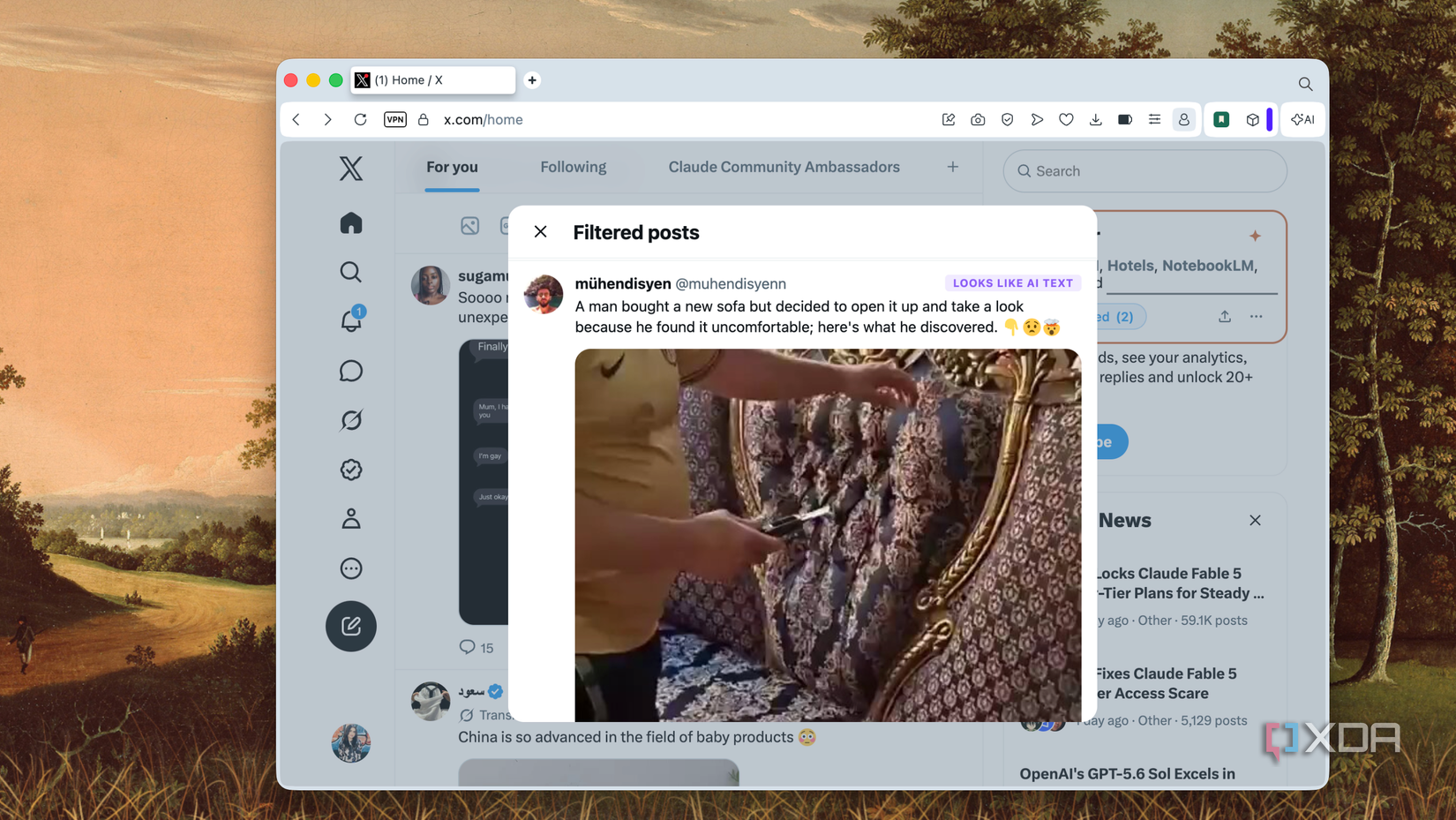 Bouncer's Filtered posts dialog flagging a sofa video post as Looks like AI text