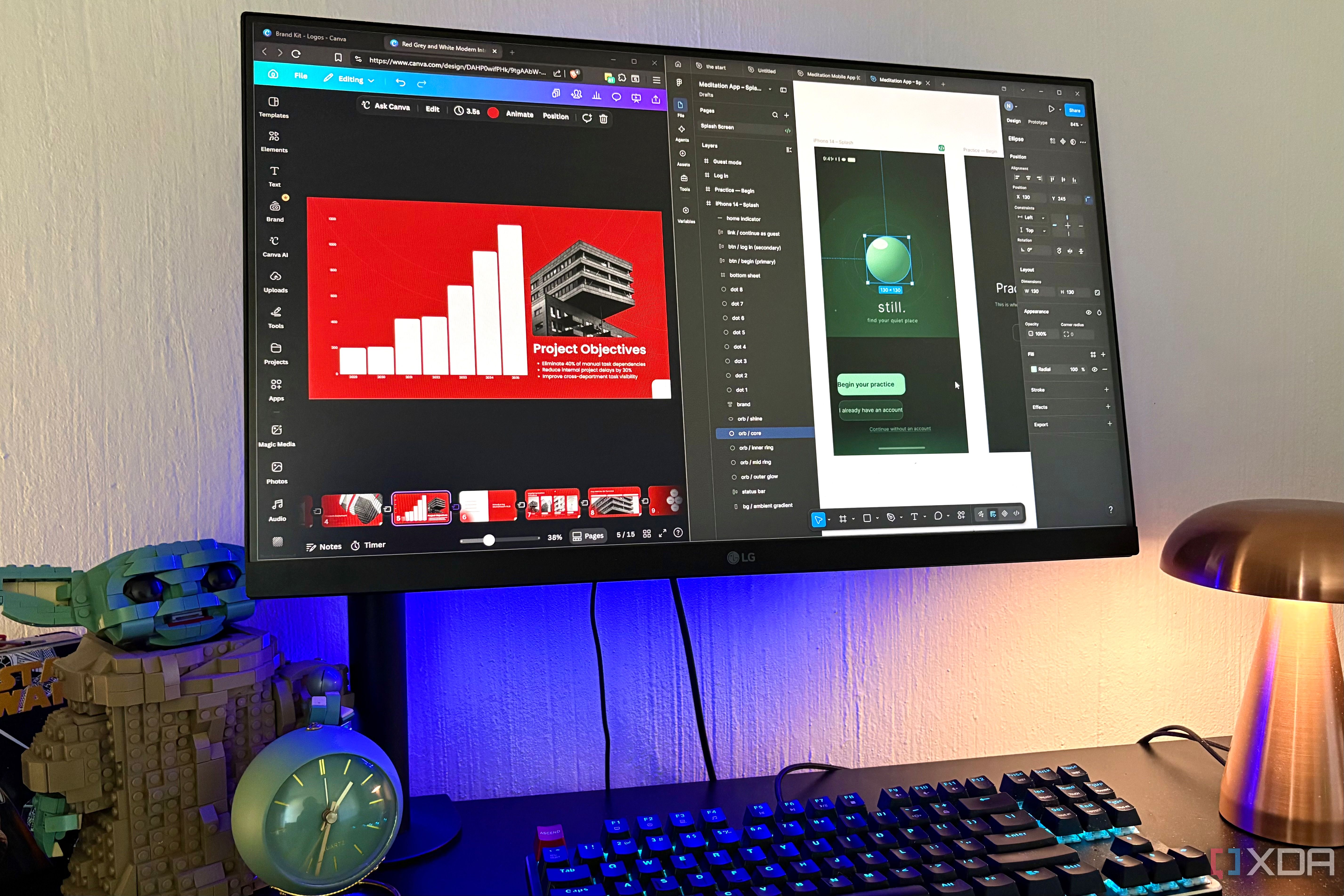 canva and figma on desktop pc, lego and lamp in view