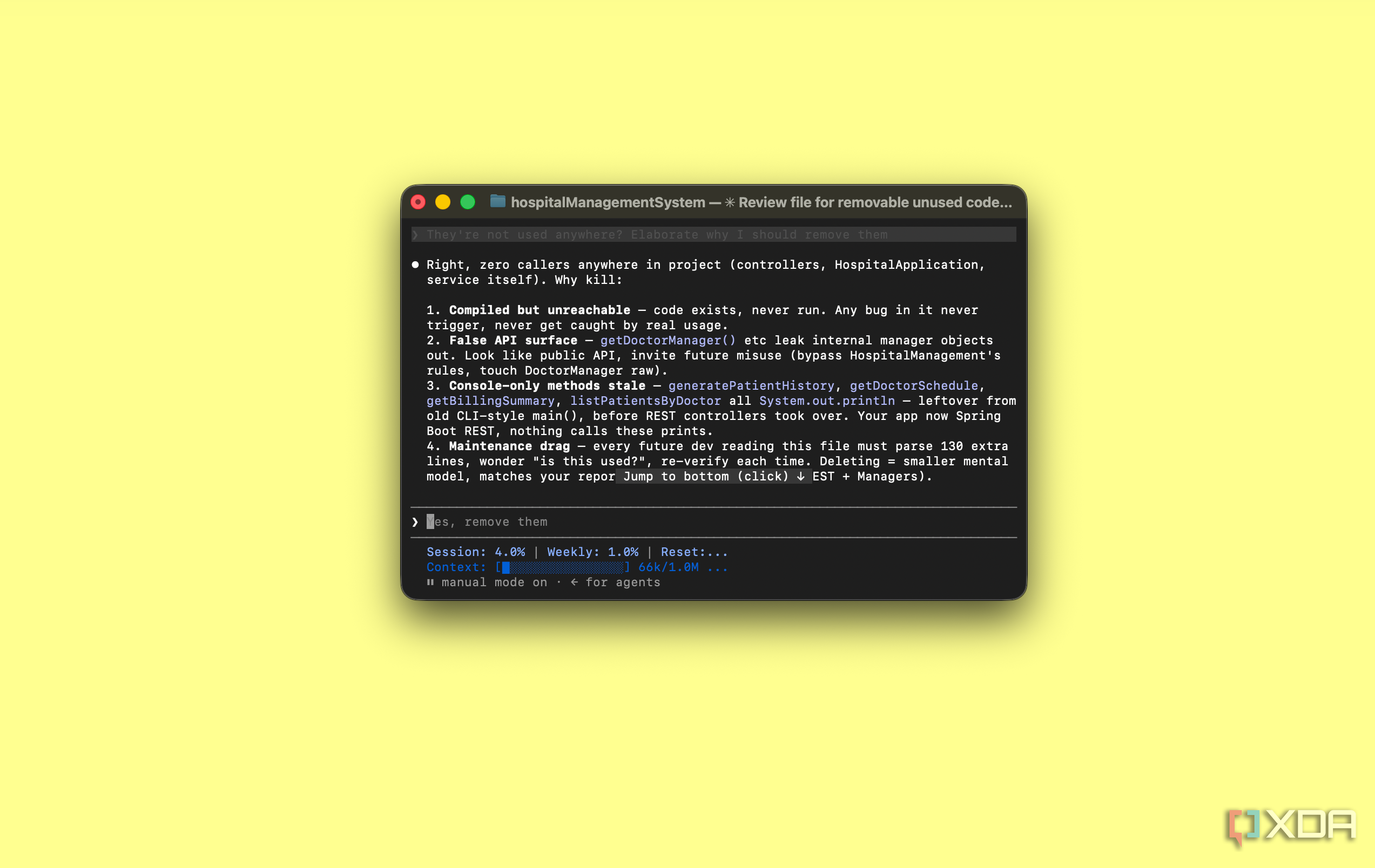 Claude Code explaining why unused Java methods should be deleted, listing 4 reasons
