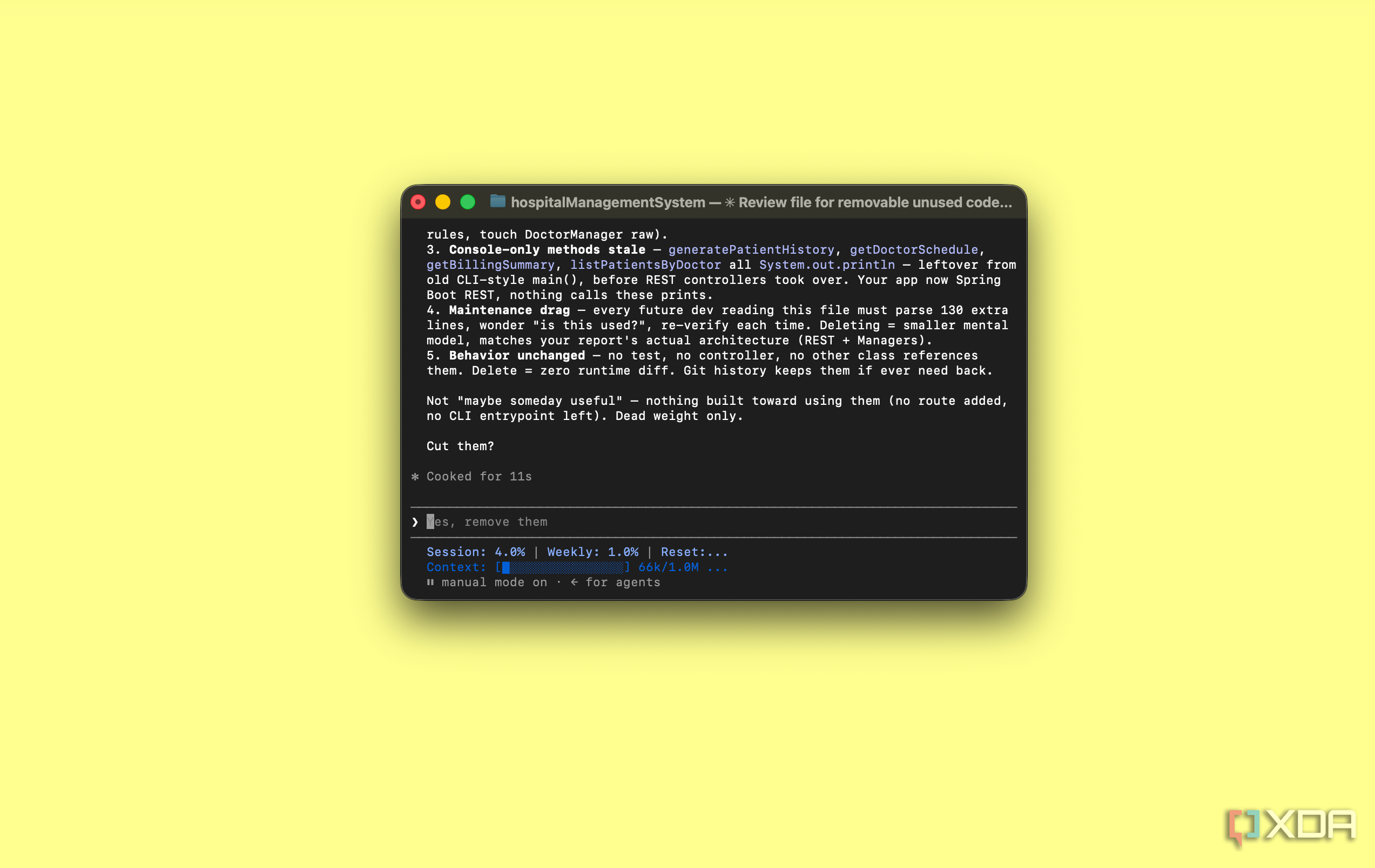 Claude Code finishing explanation on dead code removal, asking Cut them before deleting