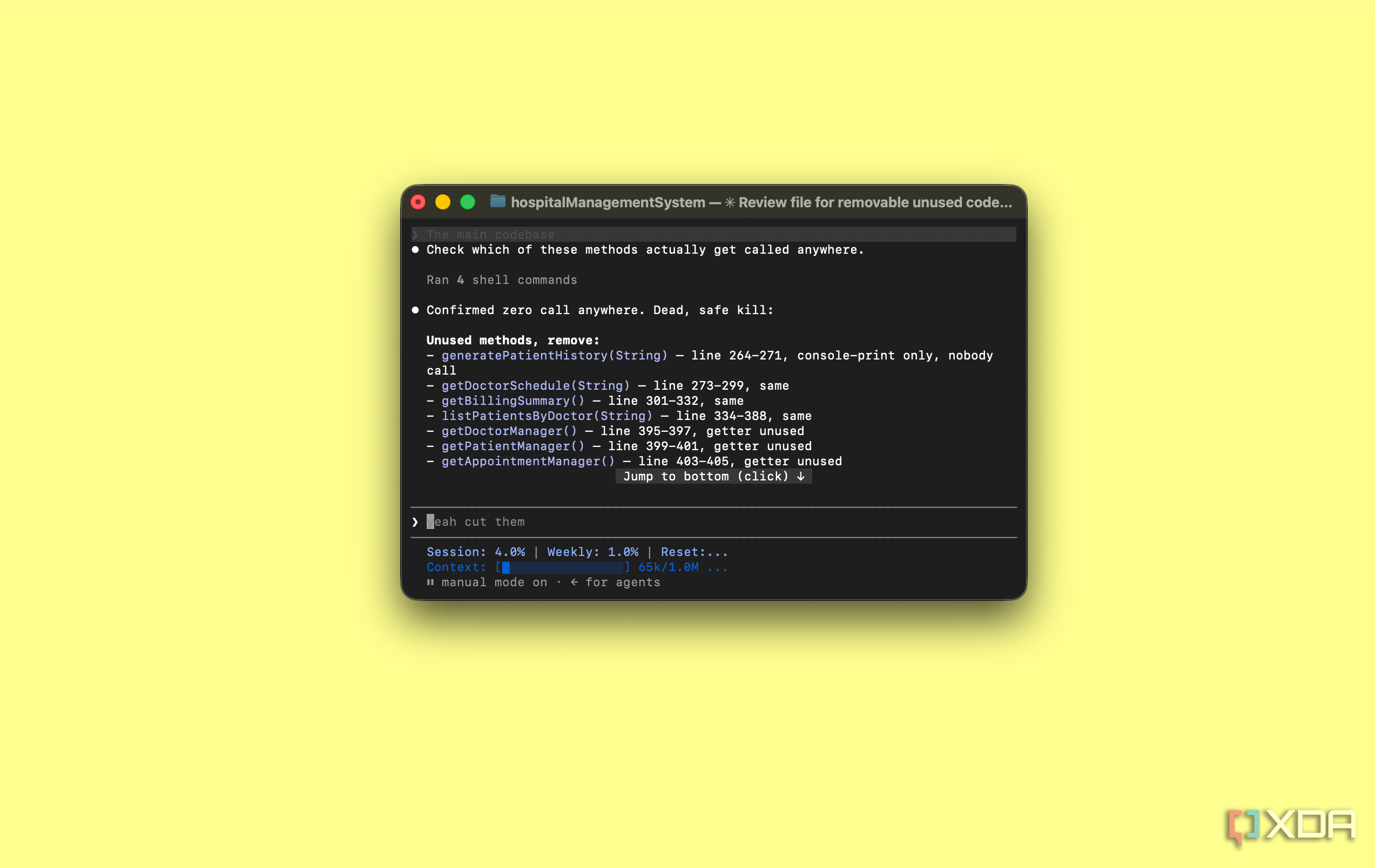 Claude Code listing 7 unused methods found in HospitalManagement.java, asking to remove them