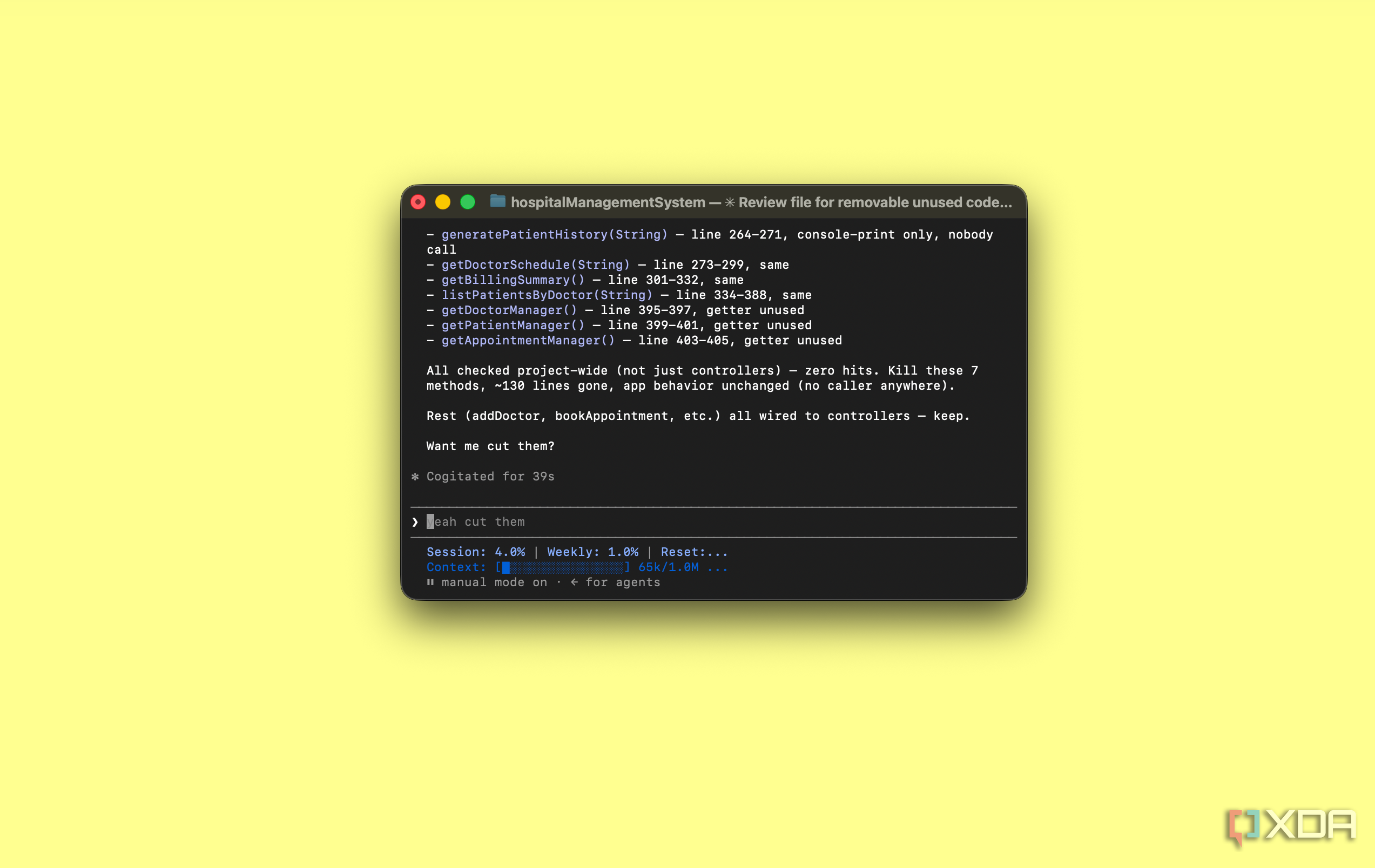Claude Code summarizing dead methods to cut, ~130 lines, with unchanged app behavior