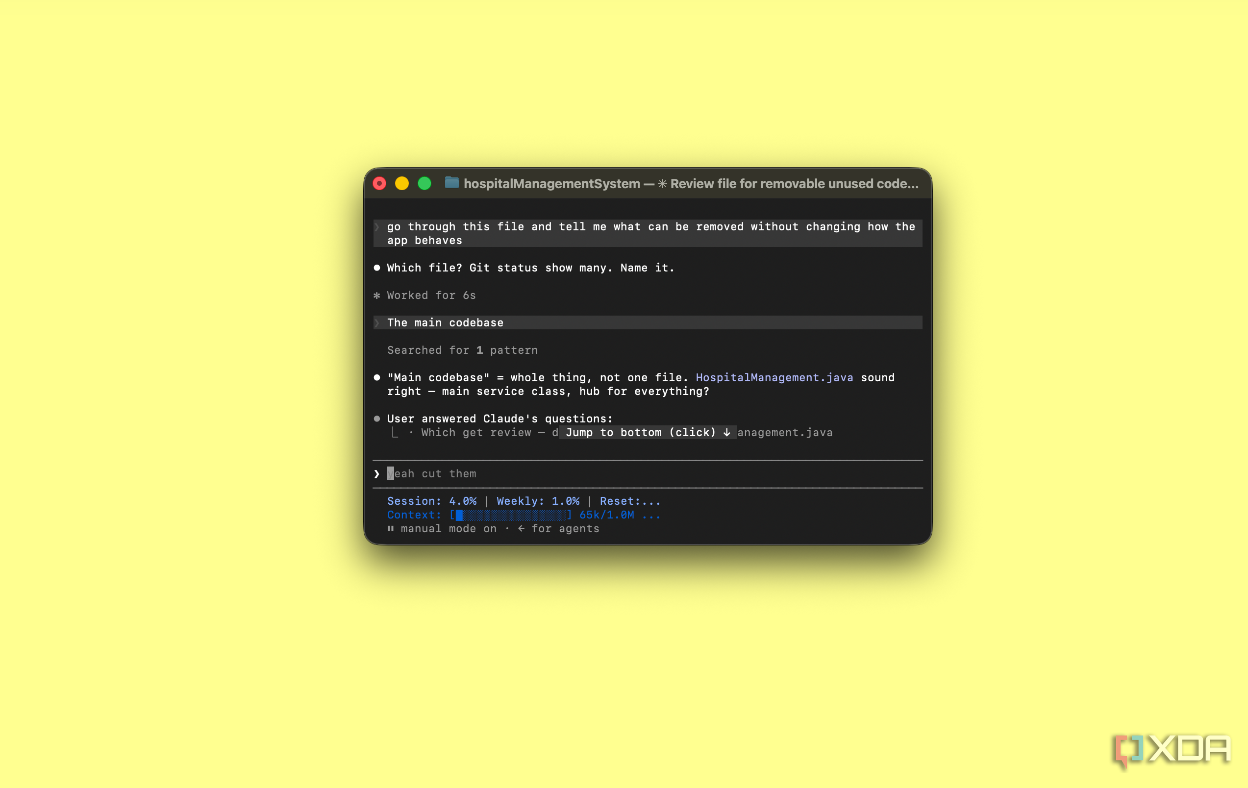 Claude Code terminal asking user to name file for unused-code review in hospitalManagementSystem repo