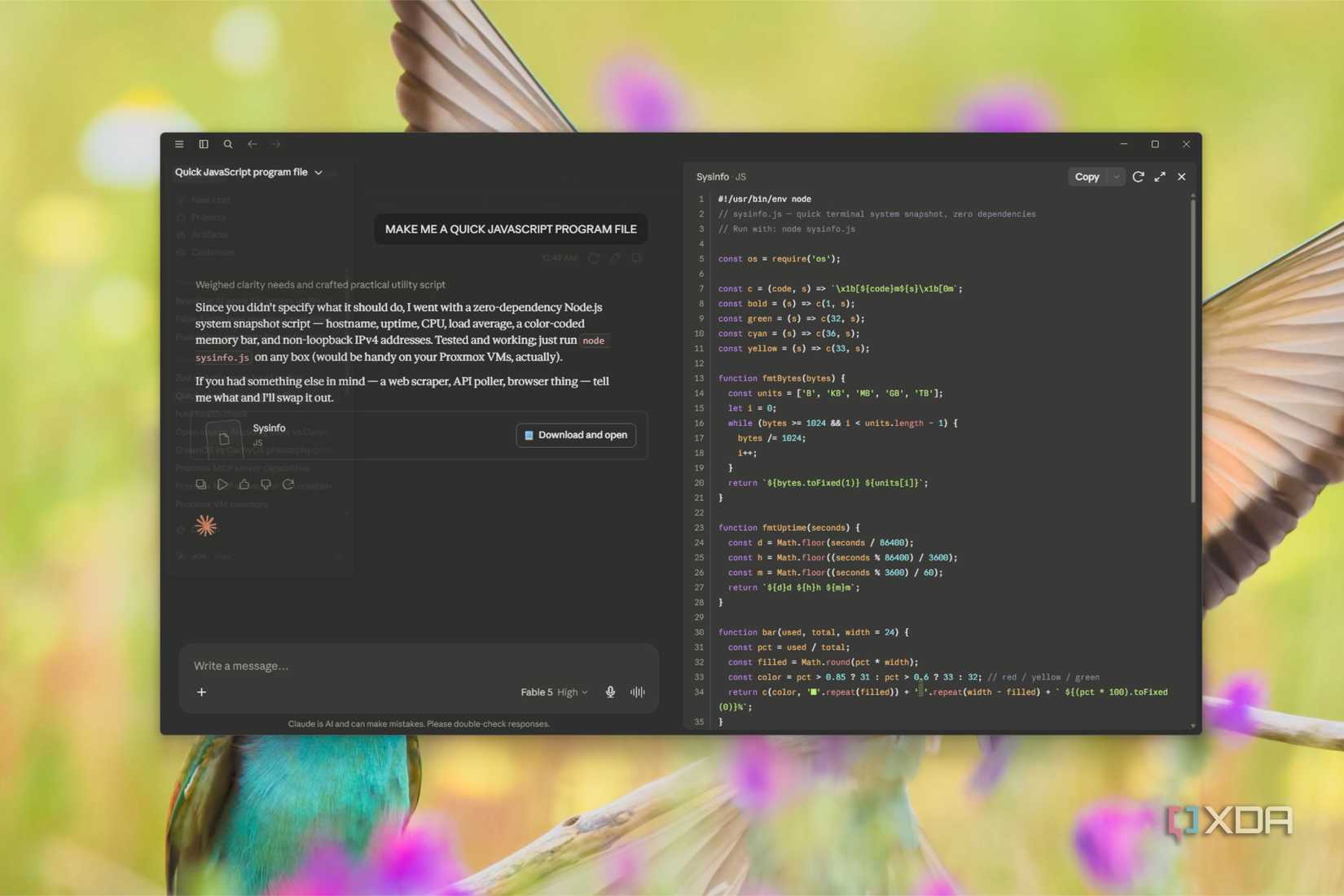 claude desktop app writing javascript example