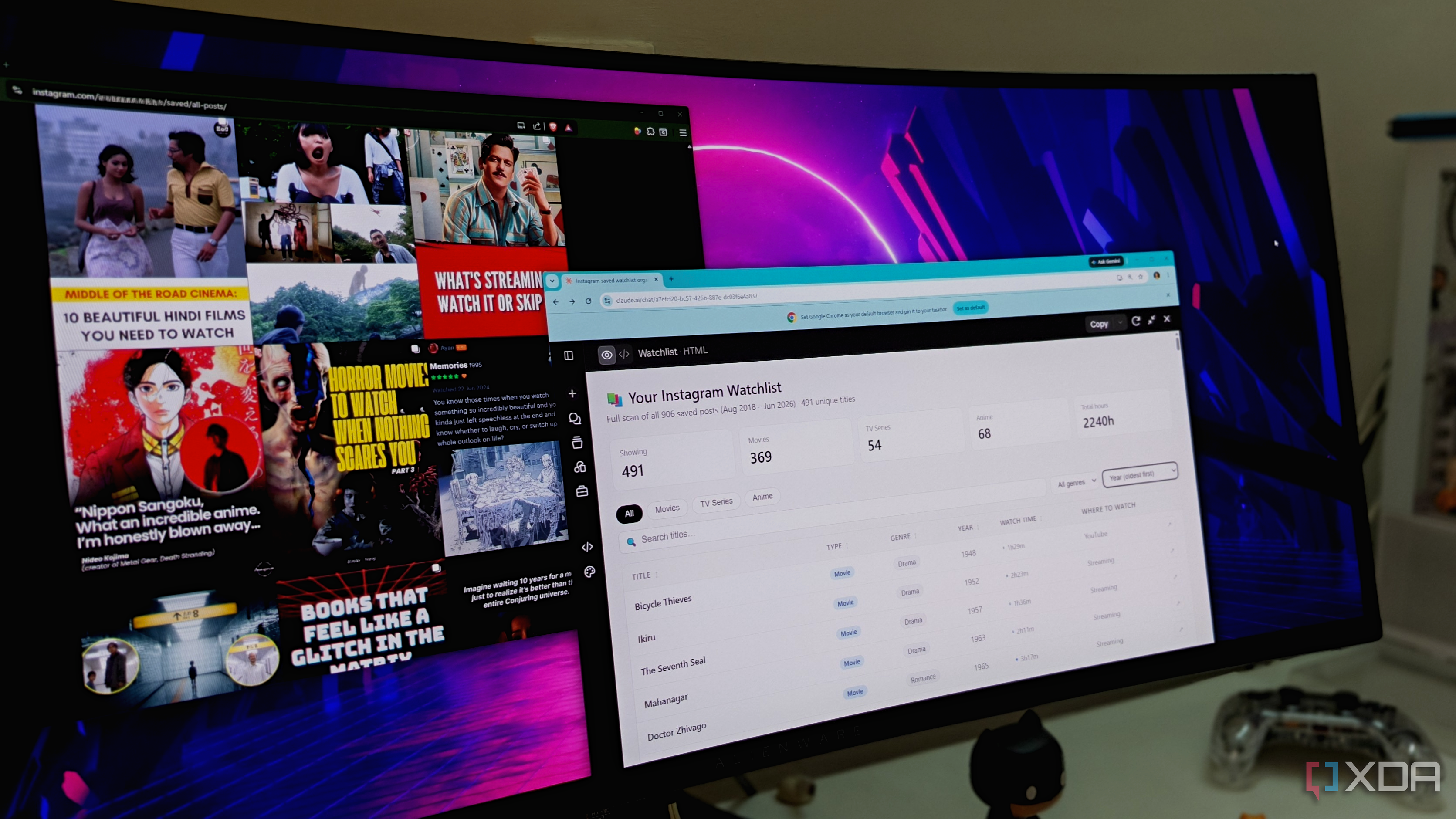 A Claude browser window showing a web app next to an Instagram browser window
