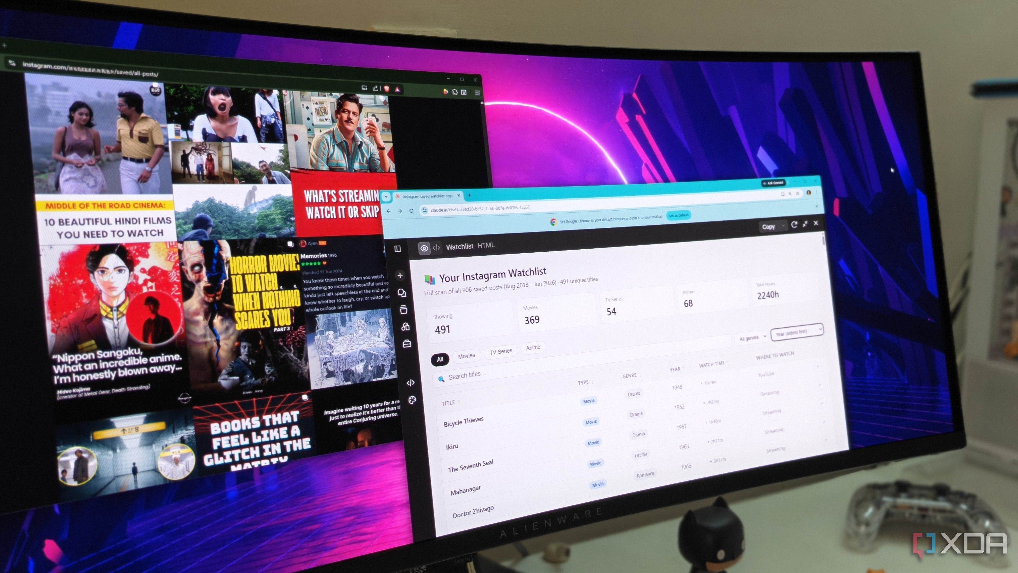 A Claude browser window showing a web app next to an Instagram browser window