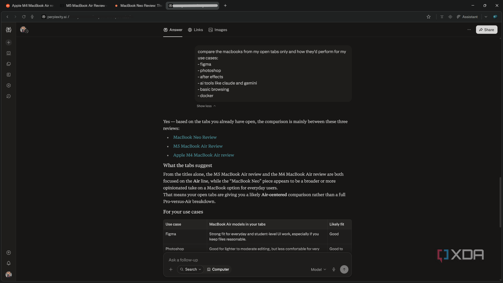 comet assistant comparing macbooks from open tabs