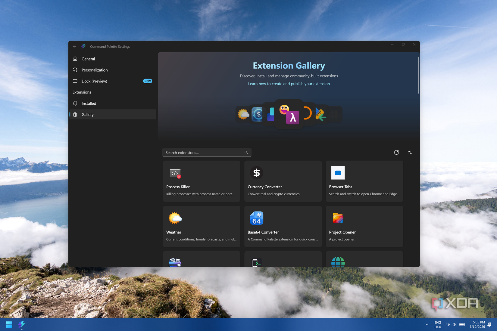 A screenshot of the Command Palette Extension Gallery in Windows 11