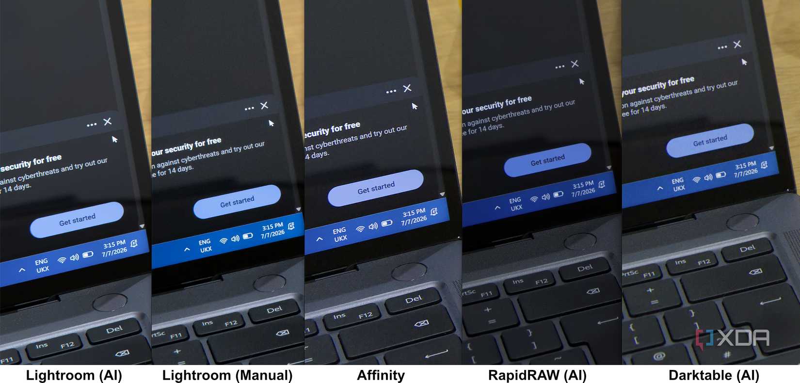 An image comparing the denoising results between Adsobe Lightroom with AI, Lightroom with manual settings, Affinity, RapidRaw with AI, and Darktable with AI. The image shows that Lightroom's AI noise reduction offers the clearest and sharpest result.